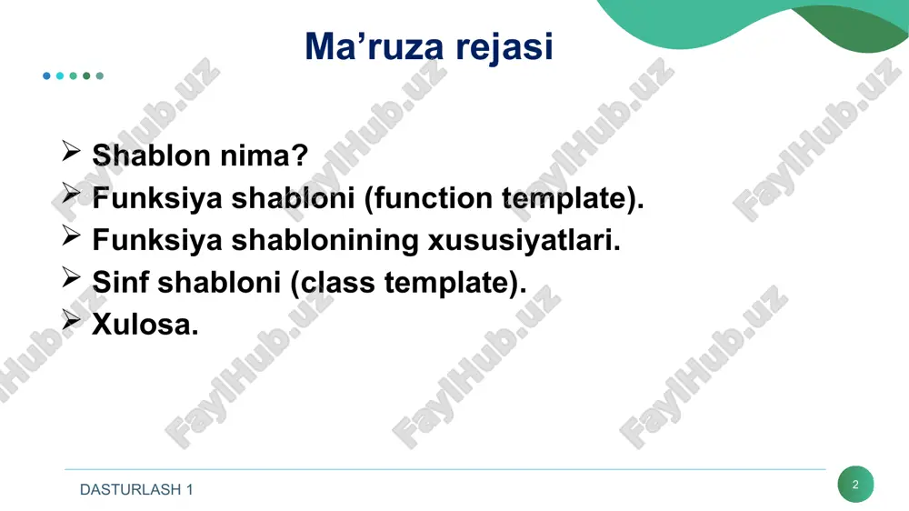 tanasi } dasturlash 1 funksiya shabloniga misol * #include using namespace std; // funksiya shabloni e’lon qilinishi... template void swapargs(x &a, x &b) { x temp; temp = a; a = b; b = temp; } dasturlash 1 davomi.. * int main() { int i=10, j=20; double x=10.1, y=23.3; char a='x', b='z'; cout using namespace std; template void myfunc(type1 x, type2 y){ cout void swapargs(x &a, x &b){ x temp; temp = a; a = b; b = temp; cout using namespace std; template void f(x a){ cout void f(x a, y b){ cout class sinf_nomi{ ... } sinf shablonidan foydalanish sinf_nomi obyekt; dasturlash 1 sinf shabloni uchun oddiy misol * #include using namespace std; template class mypair { t a, b; public: mypair (t first, t second) {a=first; b=second;} t getmax (); }; template t mypair ::getmax () { t retval; retval = a>b? a : b; return retval; …