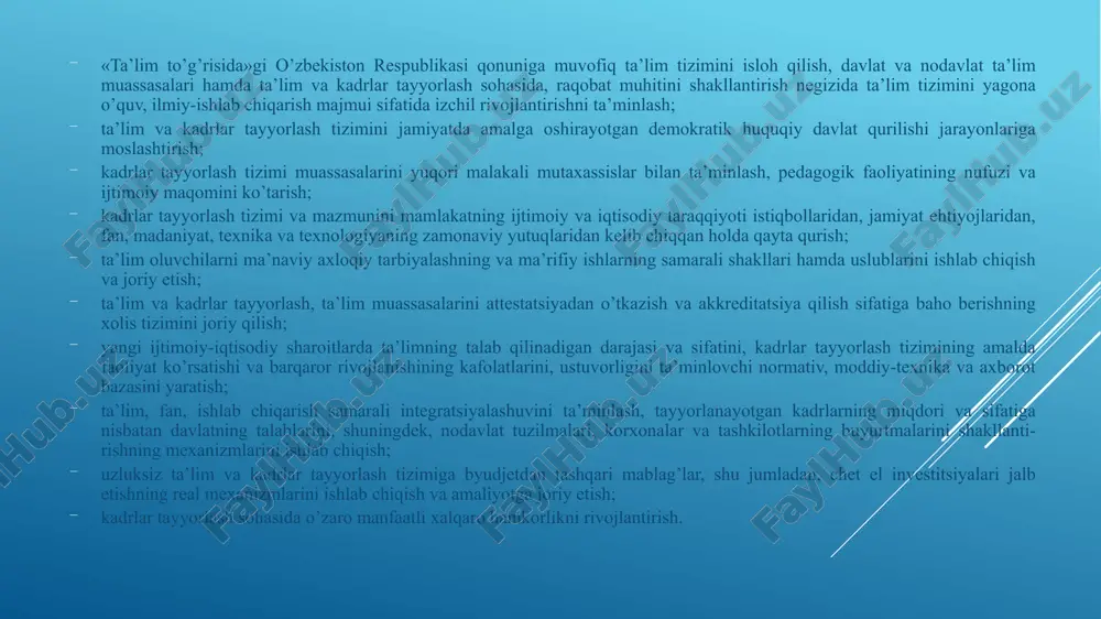 fan, ishlab chiqarish samarali integratsiyalashuvini ta’minlash, tayyorlanayotgan kadrlarning miqdori va sifatiga nisbatan davlatning talablarini, shuningdek, nodavlat tuzilmalari, korxonalar va tashkilotlarning buyurtmalarini shakllanti-rishning mexanizmlarini ishlab chiqish; uzluksiz ta’lim va kadrlar tayyorlash tizimiga byudjetdan tashqari mablag’lar, shu jumladan, chet el investitsiyalari jalb etishning real mexanizmlarini ishlab chiqish va amaliyotga joriy etish; kadrlar tayyorlash sohasida o’zaro manfaatli xalqaro hamkorlikni rivojlantirish. shaxs davlat va jamiyat uzluksiz ta’lim ishlab chiqarish fan shaxs uzluksiz ta’lim jarayonida dunyoviy, ilmiy bilimlarni o’zlashtiradi, fan asoslarini puxta egallaydi, ishlab chiqarish sohalari bilan tanishadi, shuningdek, o’zida ijtimoiy ta’sirlar yordamida ma’naviy-axloqiy sifatlarni tarbiyalab boradi. shaxsda o’zlashtirilgan bilim, faoliyat ko’nikmalari va hayotiy tajriba asosida kasbiy mahorat ham shakllanib boradi. yuksak ma’naviy-axloqiy sifatlar va yuqori darajadagi kasbiy malakaga ega bo’lish uchun shaxs o’z oldiga muayyan maqsadni qo’ya olishi hamda unga erishish yo’lida tinimsiz izlanishi, o’qib-o’rganishi lozim. shundagina u ijtimoiy raqobatga chidamli, malakali kadr bo’lib shakllanadi. o’z-o’zini anglash tuyg’usiga ega bo’lish, ta’lim sohasidagi xizmatlardan to’laqonli, …