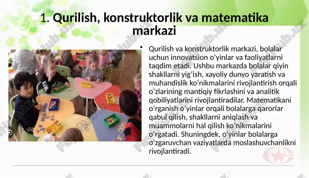 lalarning o‘z fikrlarini to‘g‘ri ifodalashini va ijtimoiy muhitda o‘zini erkin tutish imkoniyatini yaratadi. 4. ilm, fan va tabiat markazi ilm, fan va tabiat markazi bolalar uchun ajoyib o‘yinlar va ilmiy faoliyatlarni taklif etadi. bu markazda bolalar tabiiy hodisalarni o‘rganib, eksperimentlar o‘tkazish, yangi g‘oyalarni o‘rganish va ilmiy bilimlarni amaliyotda qo‘llash orqali aqliy va ijodiy rivojlanishadi. o‘yinlar bolalarga ilmiy metodlarni, kuzatish va sinovlardan o‘tish jarayonlarini o‘rgatadi. bularning barchasi bolalarda qiziqish va o‘ziga bo‘lgan ishonchni oshiradi, shuningdek, tabiatni tushunish va unga hurmat bilan qarashni rivojlantiradi. 5. san’at markazi san’at markazi bolalarga ijodiy ifoda va estetik rivojlanish uchun keng imkoniyatlar yaratadi. bu markazda bolalar ranglar, shakllar, va materiallardan foydalanib, san’at asarlarini yaratadilar. san’at markazi orqali bolalar o‘z fikrlarini ijodiy tarzda ifoda etish, tasavvur qilish va ko‘rish qobiliyatlarini rivojlantiradilar. boshqa markazlar bilan integratsiya qilib, san’at va dramalashtirish orqali bolalar o‘zlariga xos xususiyatlarini rivojlantiradilar, o‘zlarining his-tuyg‘ularini boshqarish va boshqalarga etkazish usullarini o‘rganadilar. image2.png image3.png image4.png image5.png …