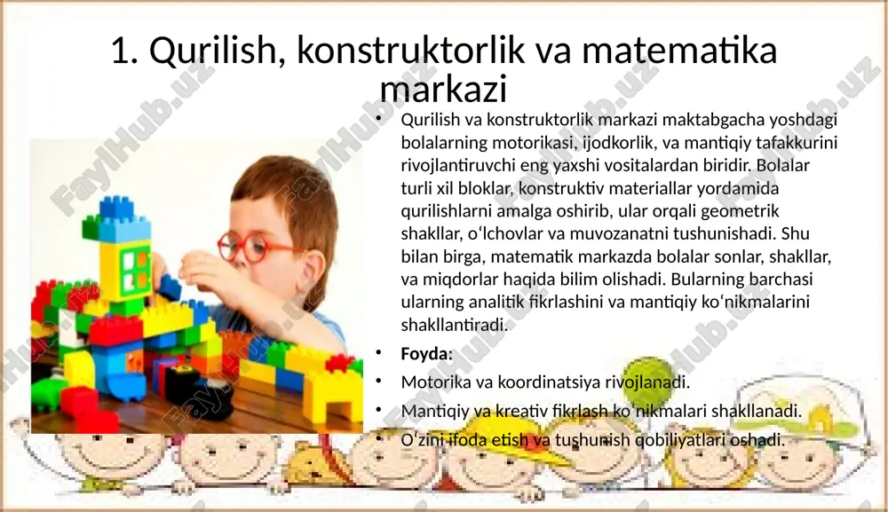 iqiy va to‘g‘ri ifodalashga o‘rganiladi. 4. ilm, fan va tabiat markazi ilm, fan va tabiat markazi bolalar uchun yangi bilimlarni kashf etish imkoniyatini yaratadi. tabiatni o‘rganish, hayvonlar va o`simliklar haqida bilish, tajriba o‘tkazish bolalarning qiziqishini oshiradi va ilm-fanga nisbatan muhabbatni shakllantiradi. bu markazda eksperimentlar, tabiat kuzatuvlaridan foydalanish orqali bolalar ilmiy tafakkur va izlanish ko‘nikmalarini o‘rganishadi. foyda: tabiatni o‘rganish va ilmiy tafakkurni rivojlantiradi. tajriba o‘tkazish va izlanish ko‘nikmalarini shakllantiradi. qiziqish va o‘zini anglash rivojlanadi. 5. san’at markazi san’at markazi bolalarning yaratuvchanlik va estetik sezgilarini rivojlantiradi. rasm chizish, tasviriy san’at, musiqa va drama orqali bolalar o‘zining ichki dunyosini ifodalaydi. san’at markazi bolalar uchun o‘zini anglash, tinchlanish va o‘zini ifodalash vositasi sifatida xizmat qiladi. shuningdek, bolalar tasviriy san’at orqali o‘z hissiyotlarini, fikrlarini va orzu-istaklarini ifoda etishga o‘rganadilar. foyda: yaratgan asarlarni qadrlashni o‘rganadi. estetik sezgilar rivojlanadi. ichki dunyo va hissiyotlarni ifodalashni o‘rganadi. image2.png image3.png image4.png image5.png image6.png image1.jpg /docprops/thumbnail.jpeg