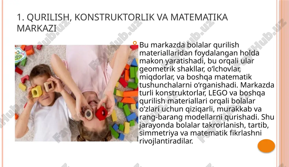 sh, o‘simliklar va hayvonot dunyosiga oid ilmiy faktlar bilan tanishishadi. rolli o‘yinlar orqali bolalar ilmiy fikrlashni, muammolarni hal qilishni, ilmiy eksperimentlarni amalga oshirishni o‘rganadilar. dramalaştirish va syujetli o‘yinlar ilmiy mavzularga chuqurroq kirib borish va ularga qiziqish uyg‘otishda yordam beradi. 5. san’at markazi san’at markazi bolalarda tasavvur, ijodkorlik va estetik his-tuyg‘ularni rivojlantirish uchun qulay muhit yaratadi. rolli o‘yinlar va dramatizatsiya orqali bolalar o‘z tasavvurlarini suratga olish, rasm chizish, she’r yozish yoki musiqani yaratishda faol ishtirok etadilar. bu markazda bolalar ko‘plab san’at shakllarini o‘rganishadi va o‘zlarini ijodiy tarzda ifodalashga o‘rganadilar. rasm chizish, ranglarni tanlash va tasviriy san’at vositalari orqali bolalar o‘zini erkin his qilishadi. image2.png image3.png image4.png image5.png image6.png /docprops/thumbnail.jpeg