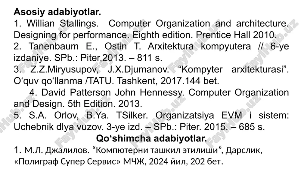 mumkin - kompyuterning asosiy mantiqiy qurilmalaridan eng oddiy sxemalargacha. kompyuterning tuzilmasi grafik jihatdan blok-sxema shaklida tasvirlangan bo`lib, ular yordamida kompyuterni har qanday detallashtirish darajasida batafsil tavsiflash mumkin. zamonaviy kompyuterlarning xilma-xilligi juda katta. ammo ularning tuzilmalari umumiy mantiqiy tamoillarga asoslanadi, bu esa har qanday kompyuterda quyidagi asosiy qurilmalarni ajratib ko`rsatishga imkon beradi : xotira (xotira qurilmasi); markaziy protsessor qurilmasi; kiritish qurilmasi ; chiqarish qurilmasi. bu qurilmalar axborot uzatiladigan aloqa kanallari orqali ulanadi. kompyuter arxitekturasi - bu uning umumiy darajadagi tavsifi, jumladan, foydalanuvchi dasturlash imkoniyatlari, buyruq tizimlari, manzillash tizimlari, xotirani tashkil etish va boshqalar. arxitektura kompyuterning asosiy mantiqiy qurilmalari: protsessor, tezkor xotirasi, tashqi xotira va tashqi qurilmalarning ishlash tamoyillarini, axborot aloqalarini va o`zaro bog`lanishini belgilaydi. 2.kompyuter arxitekturasining rivojlanish bosqichlari kompyuterlarni shartli ravishda quyidagi avlodlarga bo`linadi: 0 avlod 1642-1945 1 avlod 1945-1955 2 avlod 1955-1965 5 avlod 1990 ... 3 avlod 1965-1980 4 avlod 1980-1990 kompyuter arxitekturasining rivojlanish bosqichlarini quyidagicha ifodalash mumkin: 1.nolinchi …