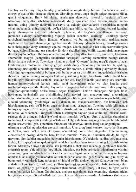 lomgacha bo’lgan diniy e’tiqodlariga binoan "tangri" butun olamni, insonni yaratgan, "yuksaklik", "eng baland", "bahaybat" degan ma’nolarni ham anglatgan. muayyan iqtisodiy, ijtimoiy, siyosiy va g’oyaviy sabablarga ko’ra diniy dunyoqarashlar to’la hukmron bo’lgan sharoitlarda qar qanday ilg’or tabiiy, ilmiy, jumladan, falsafiy qarashlar ham diniy qarashlarni, ularning mavjudlik sabablarini, mohiyati masalalarini chetlab o’ta olmagan; lekin ularning din haqidagi qarashlari ruhoniy va ulamolarning rasmiy qarashlaridan jiddiy farq qilgan. biz bu vaziyatni forobiy va beruniyning dinga bo’lgan munosabatlarida ko’rishimiz mumkin. forobiyning dinga munosabati asosan uning "fozil shahar aholisi haqida kitob" risolasida bayon qilingan. uning fikricha, din ham falsafa kabi voqelikni o’rganishga qaratilgan, bu falsafa moddiy olamni bilish, sabab, oqibat bog’lanishlarini aniqpash orqali o’rganadi. din esa voqelikka bu uslub bilan emas, balki tasvir (obrazli), ramziy, majoziy, qiyosiy tasavvurlardan foydalanish orqali e’tiqod qilishga chakirish yo’li bilan yondashadi. demak, din voqelikni, sabab va oqibat bog’lanishlarining moddiy asosini o’rganmasdan izohlashga kirishadi. ayni zamonda voqelikni falsafiy bilish, o’z mohiyatiga ko’ra, …