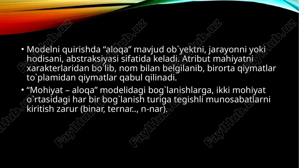 (manytoone) (n:1) munosabat a va v ob’ektlar to‘plami orasida o‘rnatilsa, unda a ob’ektning har bir nusxasiga v ob’ektning ko‘pi bilan bitta nusxasi mos keladi. v ob’ektning nushalari orasida shundaylari mavjudki, ularga a ob’ektning bir nechta nusxasi mos keladi. ko‘pga – ko‘p(manytomany)(m: n) munosabat. a va v ob’ektlar orasida shunday munosabat o‘rnatilgan deyiladi, agarda a ob’ektning har bir nusxasiga v ob’ektni bir nechta nusxasi mos kelsa va aksincha. yuqoridagilarga tayangan holda obyektlarni yaratib olamiz (ps bo`yicha). . kinolar nomli baza yaratamiz; so`rov: create database kinolar; natija: mavzu:sql tilida jadval yaratamiz ozgartiramiz o’chiramiz seriallar nomli jadval yaratamiz: so`rov: create table seriallar(id int, serial_nomi varchar(150), janr varchar(100), yili varchar(102), davlati varchar(102)); natija: . jadvalni ko’ramiz: so`rov: desc seriallar; natija: . “reyting” nomli satrning o’lchamini o’zgartiramiz: so`rov: alter table seriallar modify reyting varchar(101); natija: “reyting” atributini “top_reyting” nomi bilan o’zgartiramiz: so`rov: alter table seriallar change reyting top_reyting double; natija: . drop operatori orqali jadvalni …