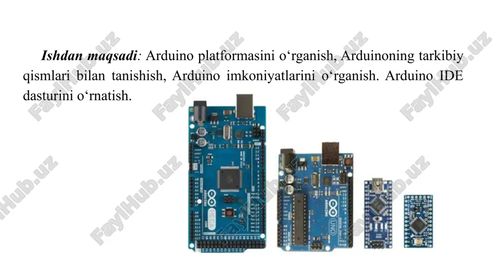 rsiyani yuklab oling. 2-qadam: o‘rnatish: yuklab olingan faylni ochib, o‘rnatish bo‘limidagi qo‘llanmalarni muvaffaqiyatli bajaring. 3-qadam: qurilmani ulash: arduino ide o‘rnatilgandan so‘ng, kompyuterga arduino mikrokontrollerini ulashingiz kerak. bu qurilmani usb port orqali ulashishingiz mumkin. 4-qadam: dastur yozish va yuklash: ide da yangi dastur yaratishingiz, unga kod yozishingiz va qurilma tanlanib, kodni uni xotiraga yuklash tugmasini bosishingiz kerak. 4-rasm. arduino ide dasturi platformadan yuklab olish. 5-qadam: serial monitor ishlatish: dastur yozib yuklandiqdan so‘ng, ide ichidagi serial monitor orqali qurilma bilan kommunikatsiya o‘rnating. arduino ide oynasi ochiladi: 5-rasm. 5-rasm. arduino ide oynasi quyidagi rasmda dasturning maydonlari va funktsional tugmalarining maqsadi ko‘rsatilgan: endi siz eskiz (kod) yozishingiz va arduinoga yuklashingiz (yuklashingiz /o‘chirishingiz) mumkin. ammo bundan oldin siz arduino platasini kompyuterga ulashingiz va arduino ide dasturiga qaysi arduino platasini va qaysi portga ulanganligingizni aytishingiz kerak. arduino plata ulanishi: arduino platasini usb orqali kompyuteringizga ulaganingizdan so‘ng, arduino ide dasturiga qaysi arduino platasini ulaganingizni ko‘rsatishi kerak. buning …