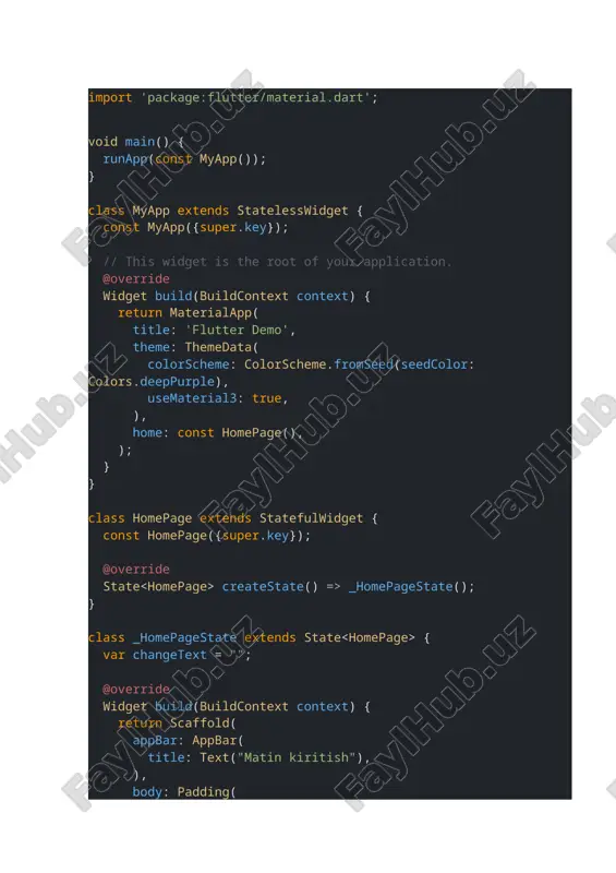 } class _homepagestate extends state { var changetext = ""; @override widget build(buildcontext context) { return scaffold( appbar: appbar( title: text("matin kiritish"), ), body: padding( padding: const edgeinsets.all(20), child: column( crossaxisalignment: crossaxisalignment.start, mainaxisalignment: mainaxisalignment.center, children: [ textformfield( style: const textstyle( fontsize: 18, color: colors.black, ), onchanged: (text) { setstate(() { changetext = text; }); }, decoration: inputdecoration( hinttext: "matin", labeltext: "matin kiriting", labelstyle: textstyle( fontsize: 20, fontweight: fontweight.bold, color: colors.blue.shade900, ), hintstyle: const textstyle( fontsize: 18, color: colors.black, ), suffixicon: const icon( icons.label_important_outlined, color: colors.bluegrey, ), focusedborder: outlineinputborder( borderside: borderside(color: colors.blue.shade900, width: 3), ), enabledborder: outlineinputborder( borderside: borderside(color: colors.blue.shade900, width: 2), ), ), ), const sizedbox(height: 20), text("yusupova asalxon: ${changetext}", style: textstyle(fontweight: fontweight.w600, fontsize: 20)) ], ), ), ); } } natija image1.jpeg