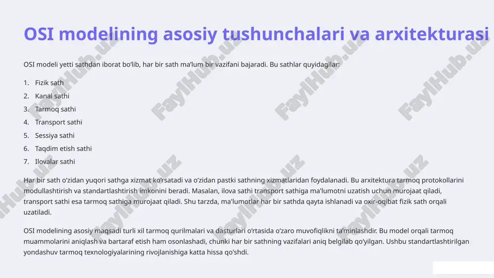 yidagilardan iborat: signalizatsiya: ma’lumotlarni uzatish uchun elektr, optik yoki radio signallarini yaratish va boshqarish. ma’lumotlarni kodlash: bitlarni fizik signallarga aylantirish va aksincha. ma’lumotlarni uzatish tezligini aniqlash: tarmoqning ma’lumot uzatish tezligini belgilash. ulanish turlarini aniqlash: tarmoq kabellari, ulagichlar va boshqa apparat vositalarini standartlashtirish. fizik sath tarmoq apparaturalari o‘rtasida ishonchli va samarali aloqani ta’minlash uchun muhim ahamiyatga ega. bu sathning xizmatlari tarmoqning asosiy infratuzilmasini yaratadi va yuqori sathlarning to‘g‘ri ishlashini ta’minlaydi. 3 kanal sathi (2-sath): ma'lumotlarni uzatish va boshqarish kanal sathi (yoki ma’lumotlar uzatish sathi) fizik sath ustida ishlaydi va tarmoq orqali ma’lumotlarning ishonchli uzatilishini ta’minlaydi. bu sath ma’lumotlarni ramkalarga (frames) ajratadi va ularni mac (media access control) manzillari orqali yo‘naltiradi. kanal sathining asosiy vazifalari quyidagilardan iborat: ramkalash: ma’lumotlarni ramkalarga ajratish va ularga bosh va oxirgi qismlarni qo‘shish. mac manzillash: qurilmalarni mac manzillari orqali aniqlash va ramkalarni to‘g‘ri manzilga yo‘naltirish. xatolarni aniqlash: ma’lumotlar uzatish jarayonida yuzaga kelgan xatolarni aniqlash va tuzatish. oqimni …