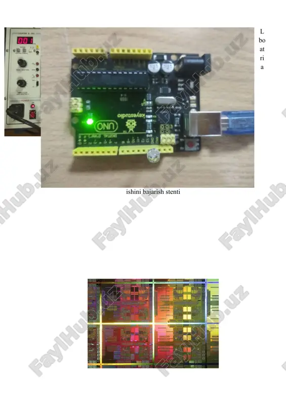 n vazifasi, qo‘llanio‘sohasi, asosiy elektr parametrlari. 2.4. ims tayyorlash asosiy bosqichlaridan foydalanib, ims tayyorlash texnologik bosqichlarining ketma – ketligi haqida umumiy bayon bering va ularga qisqacha xarakteristika bering. 2.5. kuzatilayotgan tasvir qaysi texnologik bosqichga ta’luqli. 2.6. mikroskop ostida tugallangan kichik va o‘rta darajali integratsiyadagi ims topologiyasini ko‘rikdan o‘tkazing. 0 1 2 3 4 5 ims prinsipal sxemalari - berilgan sxemalarda asosiy belgilanishlari; - berilgan sxemalarda har bir ims uchun qisqacha xarakteristika; - yarimo‘tkazgich va gibrid imslar tayyorlash texnologik bosqichlarini bayoni; void setup() { pinmode(13, output); // ob'yavlyaem pin 13 kak vixod } void loop() { digitalwrite(13, high); // zajigaem svetodiod delay(1000); // jdem 1 sekundu digitalwrite(13, low); // viklyuchaem svetodiod delay(1000); // jdem 1 sekundu } (har bir labaratoriya baholangandan keyin yuklanadi baxolanmagan hemis tizimiga yuklangan laboratoriyalar baholanmaydi). nazorat savollari 1. integral mikrosxema (ims) nima ? 2. ims asosiy xususiyati nimada ? 3. ims elementi va komponentasi deb nimaga aytiladi …