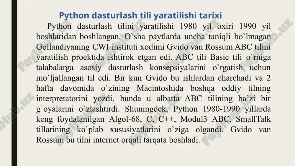 lekin shartnomaga binoan u python 1.6 versiyasini chiqarib berishga majbur edi. beopen da esa u python 2.0 versiyani chiqardi. 2.0 versiyasi bu oldinga qo`yilgan katta qadamlardan edi. bu versiyada eng asosiysi til va interpretatorni rivojlanish jarayoni ochiq ravishda bo`ldi. shunday qilib 1.0 versiyasi 1994 yil chiqarilgan bo`lsa, 2.0 versiyasi 2000-yil, 3.0 versiyasi esa 2008-yil ishlab chiqarildi. hozirgi vaqtda uchinchi versiyasi keng qo`llaniladi. python dasturlash tili imkoniyatlari python – bu o'rganishga oson va shu bilan birga imkoniyatlari yuqori bo'lgan oz sonlik zamonaviy dasturlash tillari satriga kiradi. python yuqori darajadagi ma'lumotlar strukturasi va oddiy lekin samarador ob`yektga yo'naltirilgan dasturlash uslublarini taqdim etadi. pythonning o`ziga xosligi oddiy, o`rganishga oson, sodda sintaksisga ega, dasturlashni boshlash uchun qulay, erkin va ochiq kodlik dasturiy ta'minot. dasturni yozish davomida quyi darajadagi detallarni, misol uchun xotirani boshqarishni hisobga olish shart emas. ko'plab platformalarda hech qanday o'zgartirishlarsiz ishlay oladi. interpretatsiya qilinadigan til. kengayishga moyil til. agar dasturni biror joyini …