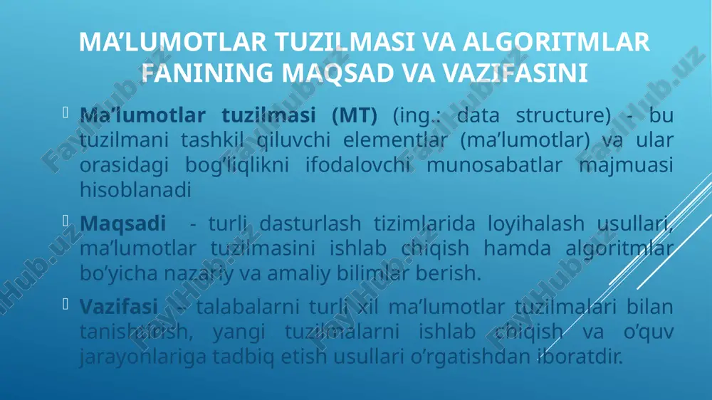 atida ham tanilgan. u ma'lumotlar bazasi foydalanuvchilarga kontseptual jihatdan qanday ko'rinishini va turli ma'lumotlar jadvallari o'rtasidagi munosabatlarni tavsiflaydi. kontseptual daraja ma'lumotlar bazasidagi ma'lumotlarning aslida qanday saqlanishiga ahamiyat bermaydi. tashqi daraja bu uch darajali arxitekturadagi eng yuqori daraja va foydalanuvchiga eng yaqin. u ko'rish darajasi sifatida ham tanilgan. tashqi daraja faqat tegishli ma'lumotlar bazasi tarkibini foydalanuvchilarga ko'rinishlar shaklida ko'rsatadi va qolgan ma'lumotlarni yashiradi. shunday qilib, turli foydalanuvchilar ma'lumotlar bazasini o'zlarining shaxsiy talablariga ko'ra boshqa ko'rinish sifatida ko'rishlari mumkin. e’tiboringiz uchun raxmat! 23 image1.jpeg image2.png image3.png image4.png image5.png image6.png image7.png image8.png image9.png image10.png image11.png image12.png image13.png image14.png image15.png image16.jpeg