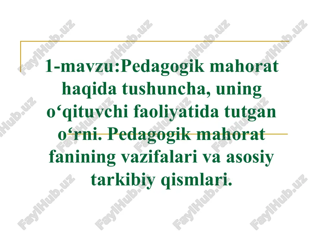 biy qismlar tashkil etadi: - insonparvarlik (gumanistik) yoʻnalishi; - kasb bilimdonligi; - pedagogik qobiliyatlar (didaktik, tashkilotchilik, perseptiv, sugestiv, akademik); - pedagogik texnika. 1. oʻqituvchi shaxsining insonparvarlik (gumanistik) yoʻnalishi - gʻoyalari, qiziqishi, qadriy yoʻnalishlari. har bir oʻqituvchi shaxsining pedagogik yoʻnalishi turlicha, koʻp qirrali. uning qadriy yoʻnalishini: oʻz-oʻzida bilimdon, talabchan, haqiqiy oʻqituvchini koʻrishga; pedagogik ta’sir etish vositalari; oʻquvchiga, bolalar jamoasiga; pedagogik faoliyat maqsadiga - faoliyat ob’ekti, vositalarini - oʻzgartirishga qaratilgan boʻlishi mumkin, ya’ni gumanistik strategiya. 2.kasbiy bilimdonlik. pedagogik mahoratning asosiy poydevori - kasbiy bilimlardir. oʻqituvchining bilimlari, bir tomondan, oʻzi oʻqitadigan predmetlarga qaratilgan boʻlsa, ikkinchi tomondan, ularni oʻzlashtiradigan oʻquvchilarga qaratilgan. kasbiy bilimlarning mazmuni oʻzi oʻqitadigan predmetni, uning metodikasini, pedagogika va psixologiyani bilishni tashkil etadi. pedagogning mahorati - bilimlarni "insoniylashtirish" dadir, ularni auditoriyaga oddiy kitobdangina emas, balki oʻzining dunyoqarashi sifatida bayon etadi. pedagogning kasbiy bilimlari asosida pedagogik ong shakllanadi, uning harakatlari asosida yotuvchi printsiplar va qoidalarga amal qilinadi. abu nasr forobiy birinchi bo’lib ta’lim …