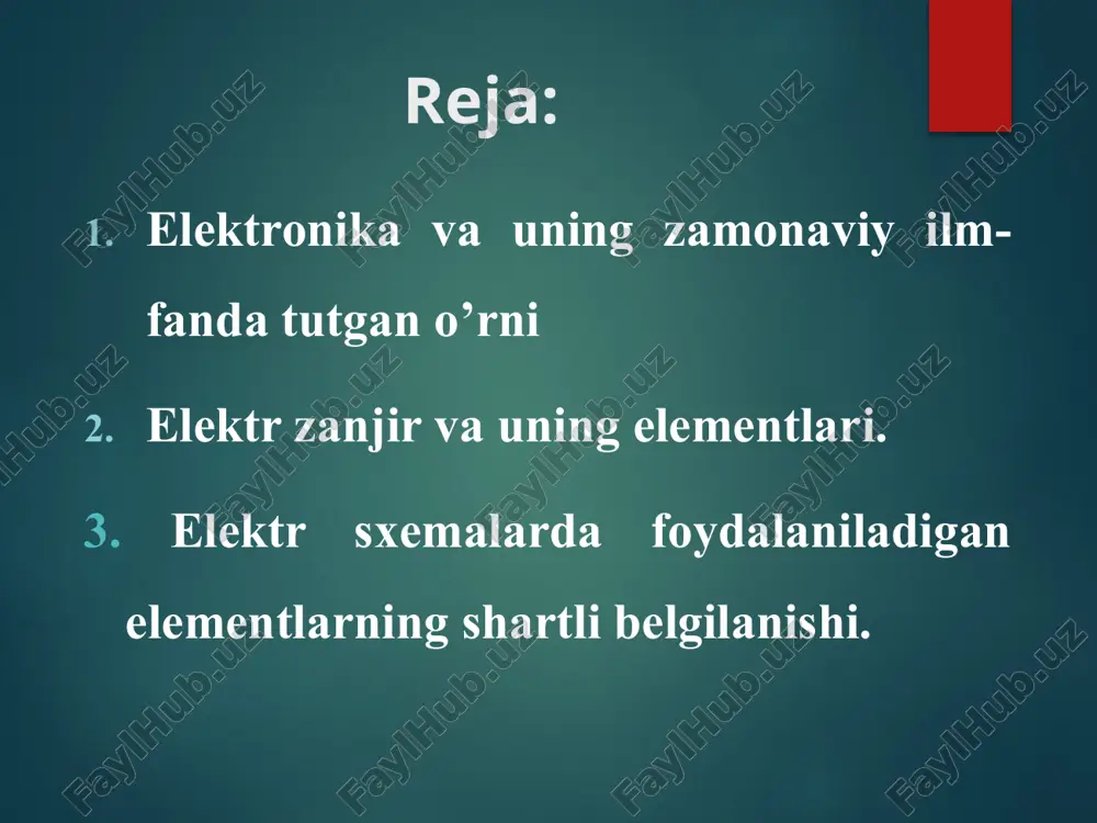 n qurilma hamda tizimlar yaratish bilan boshlandi va mikroelektronika davri deb ataldi. elektr tokini hosil qiluvchi va uning oqib o‘tishini ta’minlash uchun berk yo‘l hosil qiladigan qurilmalar yig‘indisi elektr zanjir deb aytaladi. eng sodda elektr zanjir uchta asosiy elementdan iborat: tok manbai, elektr energiyasini qabul qiluvchi iste’molchidan va tutashtiruvchi simlardan iborat. o‘zgaruvchan qarshilikli oddiy elektr zanjir tok manbai sifatida mexanik energiyani elektr energiyaga aylantiruvchi elektr generatorlar, yoki kimyoviy energiyani elektr energiyaga aylantiruvchi akkumuliyatorlar ishlatiladi. elektr energiyani iste'molchilari sifatida elektr energiyani mexanikaviy energiyaga aylantiruvchi elektrodvigatellar, qizitish lampalari, elektr energiyani issiqlik energiyaga aylantiruvchi elektr pechlar va isitish asboblari, elektr energiyani kimyoviy energiyaga aylantiruvchi metall olish vannalari kiradi. ulash simlari sifatida izolyasiyalangan yoki yalang‘och, ya'ni izolyasiyasiz mis yoki alyumin simlar ishlatiladi. elektr zanjirda asosiy elementlardan tashqari qo‘shimcha vositalar: 1. uzuvchi asboblar, rubil’nik vklyuchatel 2. ximoya asboblari (saqlagichlar, avtomatlar), 3. o’lchov asboblari (ampermert, vol'tmetr, schyotchiklar) ishlatiladi. materiallar elektr tokini o’tkazishi qarab uch guruhga bo’linadi: …