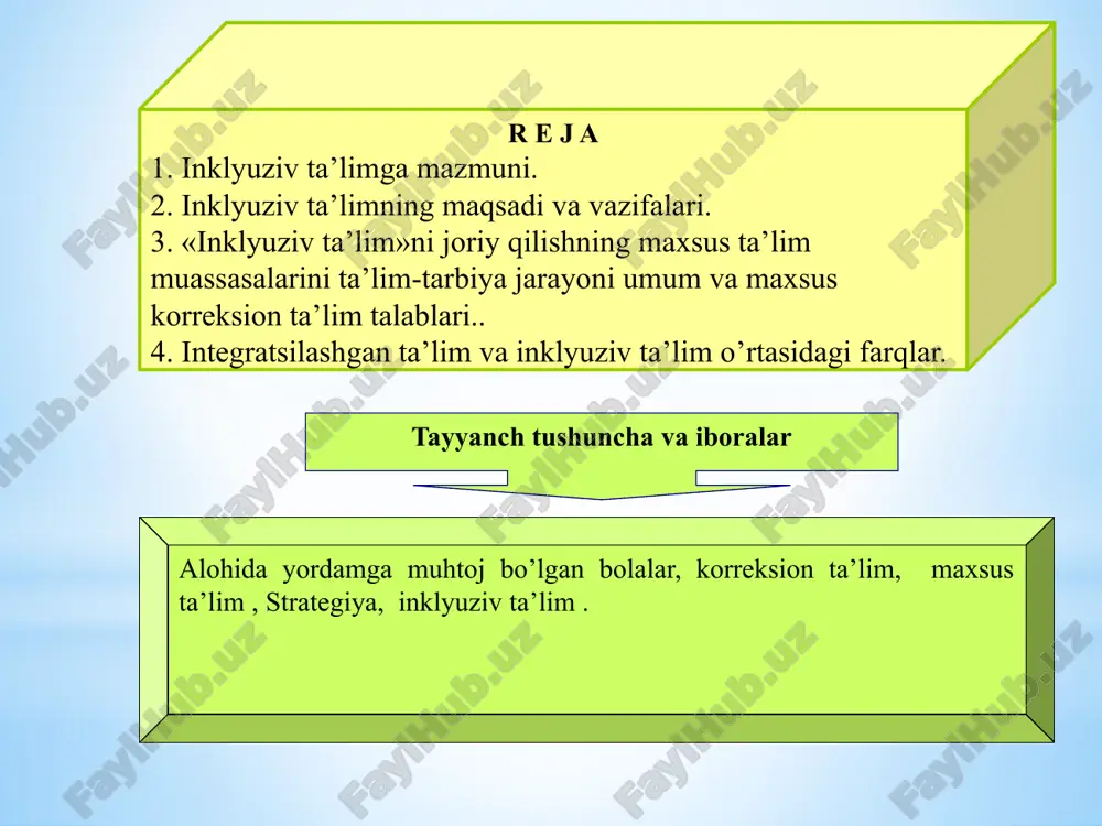 vazifalari bilan tanishish; inklyuziv ta’limning huquqiy asoslarini ochib berish; inklyuziv ta’limni qo’llab-quvvatlashning asoslarini o’rganish;. resurs o’qituvchining ish faoliyati va maqsadi bilan tanishish; inklyuziv ta’lim muassasalarida olib borilayotgan isloxotlarni o’rganish;. turli xil davlatlar integratsiyaga o’tishda ko’p bahs-munozara yuritib, maxsus pedagogikada integratsiyani qo’llash foydali deb bilmoqda (saulle m.r). o’zbekistonda ham maxsus ta’lim integratsiyaning rivojlanishini o’ziga xos xususiyati mavjud. aqshda va janubiy yevropa mamlakatlarida integratsiyani rivojlanishi va bu jarayonni boshqarish uchun qonuniy normativ baza yaratilgan. keyingi yillarda o’zbekistonda ham integratsiya va inklyuziv ta’limni joriy qilish bo’yicha qator chora-tadbirlar ko’rilmoqda. maxsus ta’limning ijobiy tomonlari shundaki: ta’lim muassasalarida kompleks tibbiy-pedagogik yordam ko’rsatilib, ular to’liq davlat ta’minotida bo’ladilar; o’quvchilar, tarbiyalanuvchilar maxsus o’quv dasturi, darslik o’quv-metodik va texnik vositalardan foydalanish imkoniyatiga ega bo’ladilar; darsdan oldin va darsdan keyin tevarak-atrofda yo’naltirish, nutqiy muloqotni shakllantirish, o’z-o’ziga xizmat ko’rsatish kabi maxsus ko’nikmalarni shakllanishi uchun qulay sharoitlar yaratilgan; defektolog pedagoglar bolalarning maxsus ehtiyojlarini to’liq qondirish maqsadida korreksion-rivojlantiruvchi ishlarni amalga oshiradilar; sinflarda …