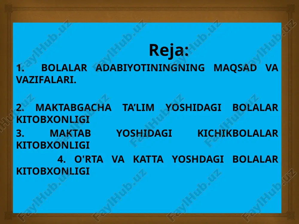 natga muhabbat, zamonamizga sadoqat ruhida tarbiyalaydi, ularni yurtimizning munosib farzandlari bo'lishga chaqiradi. kitob bolaning dunyoqarashini shakllantirishga yordam beradi, xarakterini tarbiyalaydi. ilm-fanga muhabba'mi oshiradi. kitob xalqimizning o'tmishi, ilg'or madaniyatimiz, fan va texnikamiz yutuqlari bilan tanishtiradi, faxr-iftixor tuyg'ularmi o'stiradi. bugungi kunda qudratli qurol bo'lgan adabiyotdan keng foydalanmay turib, yangi jamiyat quruvchisini har tomonlama yetuk inson qilib tarbiyalash mumkin emas. bolalar adabiyotini o‘quvchilarning yosh xususiyatlarini hisobga olgan holda quyidagicha uch guruhga ajratish mumkin:   1. maktabgacha ta’lim yoshidagi bolalar kitobxonligi (2—7 yosh). 2. kichik maktab yoshidagi bolalar kitobxonligi 7-10—11 yosh). 3. o‘rta va katta maktab yoshidagi bolalar kitobxonligi (12—14 va undan yuqori). o‘zbek bolalar adabiyoti garchi fan sifatida xx asrning 20-yillarida tashkil topib, o‘zbek bolalar adabiyotining so‘z san'atiga tegishli maxsus adabiyot va fan sifatida tashkil topish holda shakllanish tarixi yuzasidan r.shermuhamedov, o.safarov, g‘.jahongirov, u.rashid, a.suyunov, r.barakaevlarning turlicha qarashlari mavjud. ulardan r.barakaevning folklorlari eng so‘ngi davrdagi izlanishlar maxsuli bo‘lsada, ayni muammo bo‘yicha haligacha …