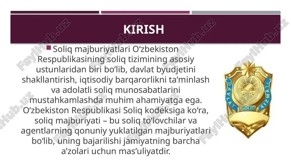 keyingi ish kuni hisoblanadi. muddatidan oldin bajarish mumkin. - oqibatlar: bajarilmaganligi holatida soliq organi talabnoma yuboradi, keyin qarz shakllanadi. misol: qqs boʻyicha choraklik toʻlov – chorak oxiridan keyingi 20 kun ichida. bu tartib soliqlarning oʻz vaqtida toʻlanishini nazorat qilishga yordam beradi. soliq majburiyatining bajarilishini taʼminlash usullari (soliq kodeksi 13-bobi, 106-moddasi) soliq kodeksining 13-bobida soliq majburiyatini taʼminlash usullari, ularni qoʻllash tartibi va shartlari batafsil belgilangan. asosiy usullar: - kafillik va zaxira: soliq qarzi yuzaga kelgan taqdirda soliq organi kafillik talab qilishi mumkin (masalan, bank kafolati yoki mulk zaxirasi). - mol-mulkni xatlash: soliq toʻlovchining arizasi yoki soliq organi talabi boʻyicha mulk xatlanadi, bu qarzni undirishni osonlashtiradi. - jarimalar va penyalar: bajarilmagan majburiyat uchun jarima (masalan, 20% miqdorda) va kunlik penya (0,033% dan) qoʻllaniladi. penyalar soliq qarzi sifatida hisoblanadi. soliq organlarining roli soliq organlari (davlat soliq qoʻmitasi) majburiyatni taʼminlashda markaziy rol oʻynaydi: - huquqlar (26-modda): tekshiruvlar oʻtkazish, hujjatlarni talab qilish, mol-mulkni xatlash, operatsiyalarni …
