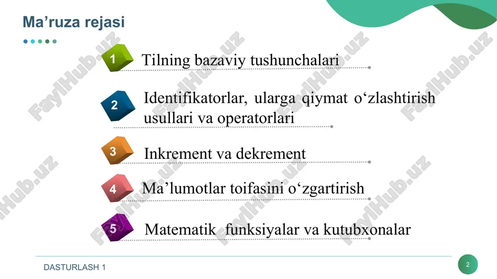 char – belgi, character (1 baytgacha) dasturlash 1 * o’zgaruvchilarning tiplari char – bitta simvol; long char – uzun simvol; int – butun son; short yoki short int – qisqa butun son; long yoki long int – uzun butun son; float haqiqiy son; long float yoki double – ikkilangan haqiqiy son; long double – uzun ikkilangan haqiqiy son. dasturlash 1 * o’zgaruvchilarning tiplari tur nomi baytlardagi o‘lchami qiymat chegarasi bool 1 true yoki false unsigned short int 2 0..65535 short int 2 -32768..32767 unsigned long int 4 0..42949667295 long int 4 -2147483648..2147483647 int (16 razryadli) 2 -32768..32767 int (32 razryadli) 4 -2147483648..2147483647 dasturlash 1 * o’zgaruvchilarning tiplari tur nomi baytlardagi o‘lchami qiymat chegarasi unsigned int (16 razryadli) 2 0..65535 unsigned int (32 razryadli) 4 0..42949667295 unsigned char 1 0..255 char 1 -128..127 float 4 1.2e-38..3.4e38 double 8 2.2e-308..1.8e308 long double (32 razryadli) 10 3.4e-4932..-3.4e4932 void 2 yoki 4 - dasturlash …