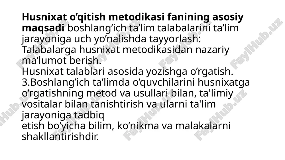 yondosh shakllandi. bu davrda yozish uchun maxsus chiziqli daftarlar ham ta’limda joriy etila boshlandi. husnixatga o'qitishdan asosiy maqsadi kichik yoshdagi o'quvchilarga yozishdek murakkab jarayonni o'rgatish orqali, ularning chiroyli yozuv malakalarini rivojlantirishdan iboratdir. o'quv fani sifatida husnixatning oldiga bir qator vazifalar qo’yiladi. bu vazifalar ko’p qirrali bo’lib o'quvchilarni aqliy rivojlantirishga, ularning atrof-muhit haqidagi bilimlarini kengaytirishga, axloqiy va estetik didlarini tarbiyalashga, ongli o'qish va yozish malakalarini hamda yozuv daftari bilan ishlash ko'nikmalarini shakllantirishdan iboratdir. 2.husnixaga o’rgatishning maqsad va vazifalari bu vazifalarning barchasi o'zaro bog'liq holda amalga oshiriladi. ularni hal qilish zaruriy yozuv malakalarini egallashga darslikda berilgan o'quvchilar saviyasiga mos nazariy va ama1iy materlal uyg'unlashtirilib, o'zlashtirish ustida ishlashni maqsadga muvofiq uyushtirish, shuningdek, matnlar sifatini, topshiriqlar xususiyatini va bolalar aqliy faoliyatining o'ziga xos tomonlarini belgilaydigan qator uslubiy shart-sharoitlarga bog'liq. bola kamolotining shakllanishi ko'p jihatdan chiroyli yozuvga bog'liq. chiroyli yozish orqali bolalar boshqa fanlarni muvaffaqiyatli o'zlashtirish imkoniga ega bo'ladilar. inson hayotida yozuv muhim o'rin tutadi, …