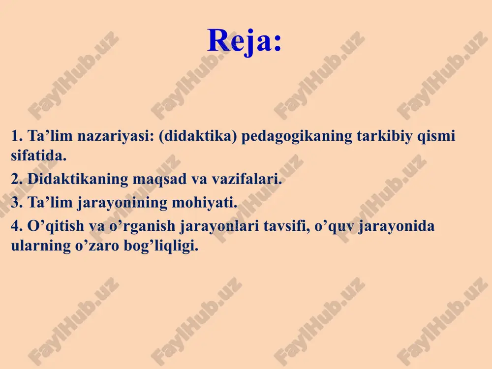 larga binoan bajariladigan harakatlar yig’indisi malaka ongli xatti-harakatning avtomatlashtirilgan tarkibiy qism ta’lim tizimi yosh avlodga ta’lim-tarbiya berish yo’lida davlat tamoyillari asosida faoliyat yuritayotgan barcha turdagi o’quv-tarbiya muassasalari majmui ta’limni boshqarish ta’lim muassasalarining faoliyatini yo’lga qo’yish, boshqarish, nazorat qilish hamda istiqbollarini belgilash ta’lim maqsadi (o’qish, bilim olish maqsadi) ta’limning aniq yo’nalishini belgilab beruvchi yetakchi g’oya ta’lim jarayonini tashkil etish o’qituvchi va o’quvchilar o’rtasida tashkil etiluvchi hamda ilmiy bilimlarni o’zlashtirishga yo’naltirilgan pedagogik jarayonning tashkiliy-metodik jihatdan to’g’ri uyushtirilishi ta’lim turlari mazmuni, tashkil etilish o’rni, bosqichi, qo’llaniladigan asosiy vositalari va jalb etiladigan ta’lim oluvchilarning yoshiga ko’ra farqlanuvchi ta’lim ko’rinishlari ta’lim tamoyillari ta’lim nazariyasining asosiy yetakchi qoidalari ta’lim shakli ta’lim jarayonining tashkiliy qurilishi ta’lim metodlari ta’lim jarayonida qo’llanilib, uning samarasini ta’minlovchi uslublar majmui ta’lim vositalari ta’lim samaradorligini ta’minlovchi ob’ektiv (darslik, o’quv qo’llanmalari, o’quv qurollari, xarita, diagramma, plakat, rasm, chizma, dioproektor, magnitafon, videomagnitafon, uskuna, televizor, radio, kompyuter va boshqalar) va sub’ektiv (o’qituvchining nutqi, namunasi, muayyan shaxs …