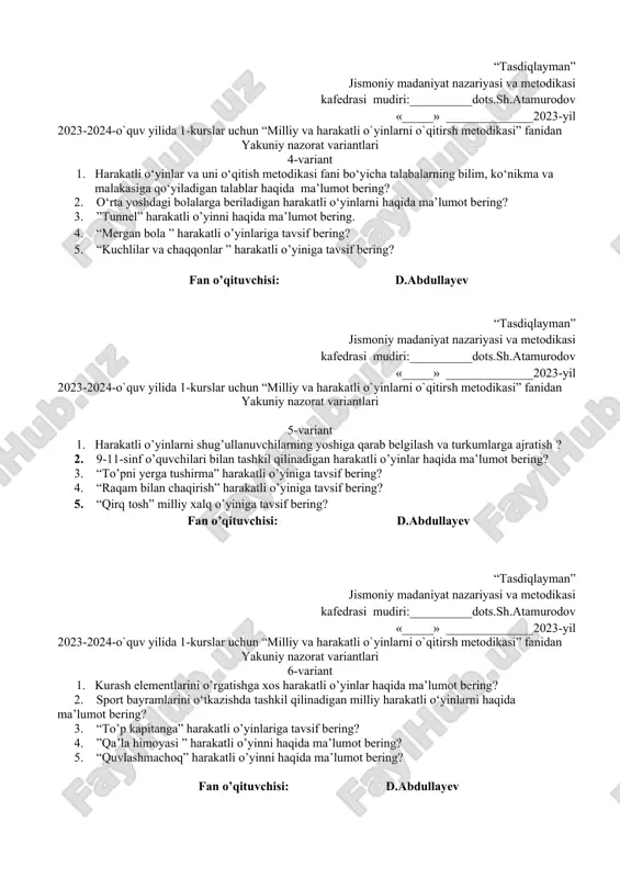 aqida ma’lumot bering ? 5. “polizga kirgan quyonlar” harakatli o’yini haqida ma’lumot bering ? fan o’qituvchisi: d.abdullayev “tasdiqlayman” jismoniy madaniyat nazariyasi va metodikasi kafedrasi mudiri:__________dots.sh.atamurodov «_____» ______________2023-yil 2023-2024-o`quv yilida 1-kurslar uchun “milliy va harakatli o`yinlarni o`qitirsh metodikasi” fanidan yakuniy nazorat variantlari 4-variant 1. harakatli o‘yinlar va uni o‘qitish metodikasi fani bo‘yicha talabalarning bilim, ko‘nikma va malakasiga qo‘yiladigan talablar haqida ma’lumot bering? 2. o‘rta yoshdagi bolalarga beriladigan harakatli o‘yinlarni haqida ma’lumot bering? 3. ”tunnel” harakatli o’yinni haqida ma’lumot bering. 4. “mergan bola ” harakatli o’yinlariga tavsif bering? 5. “kuchlilar va chaqqonlar ” harakatli o’yiniga tavsif bering? fan o’qituvchisi: d.abdullayev “tasdiqlayman” jismoniy madaniyat nazariyasi va metodikasi kafedrasi mudiri:__________dots.sh.atamurodov «_____» ______________2023-yil 2023-2024-o`quv yilida 1-kurslar uchun “milliy va harakatli o`yinlarni o`qitirsh metodikasi” fanidan yakuniy nazorat variantlari 5-variant 1. harakatli o’yinlarni shug’ullanuvchilarning yoshiga qarab belgilash va turkumlarga ajratish ? 2. 9-11-sinf o’quvchilari bilan tashkil qilinadigan harakatli o’yinlar haqida ma’lumot bering? 3. “to’pni yerga tushirma” harakatli …