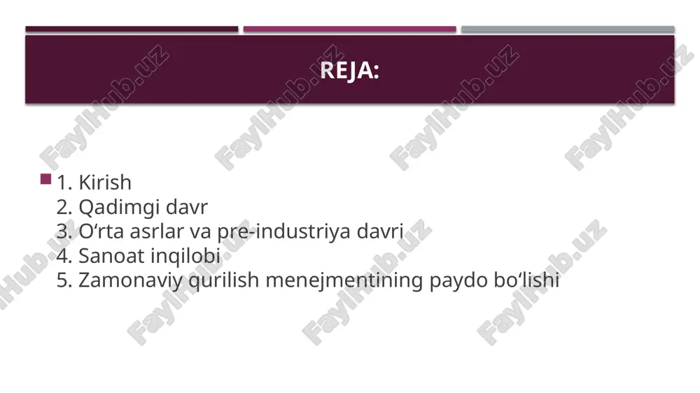 arqalgan. rim imperiyasi davrida gidravlik ohak va rim tsementi kabi materiallarning rivojlanishi qurilish texnikalarini yaxshilagan, ammo bu davrda qurilish menejmenti hali professional kasb sifatida shakllanmagan edi. sanoat inqilobi sanoat inqilobi (18-19-asrlar) qurilish menejmentida katta burilish bo‘ldi. yangi materiallar (temir, po‘lat) va texnikalar paydo bo‘lishi bilan fabrikalar, infratuzilmalar va shaharlarning kengayishi tuzumli boshqaruvni talab qildi. bu davrda loyihalar murakkablashdi, shuning uchun standartlashtirish va mutaxassislik kuchaydi. 19-asr oxirida arxitektor va muhandislar uchun professional jamiyatlar tashkil etildi, bu qurilish jarayonlarini akkreditatsiya qilishga olib keldi. 20-asr: zamonaviy qurilish menejmentining paydo bo‘lishi 20-asr boshida frederik uinslou teylorning ilmiy menejment harakati samaradorlik, mahsuldorlik va ish jarayonlarini standartlashtirishga urg‘u berdi. genri ganttning gantt diagrammasi va teylorning tamoyillari loyiha boshqaruvining asosini tashkil etdi. ikkinchi jahon urushidan keyin qurilishda bum yuz berdi, ammo urush paytida faqat harbiy loyihalar amalga oshirilgan. 1950-1960-yillarda kritik yo‘l metodi (cpm) va loyiha baholash va ko‘rib chiqish texnikasi (pert) paydo bo‘ldi. zamonaviy davr bugungi kunda …