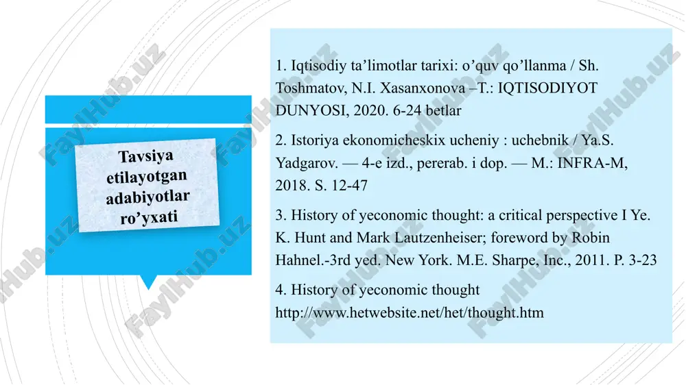 gari surilgan iqtisodiy qarash, gʼoya, nazariya va taʼlimotlar tarixiy nuqtai nazardan tadqiq etiladi qadimgi arxeologik topilmalar, moddiy neʼmatlar, qoyalaridagi chizmalar va xalq ogʼzaki ijodi namunalari qoʼlyozmalar, davlat arboblari, olim, donishmand, mutafakkirlarning yozib qoldirgan kitoblari “iqtisodiy taʼlimotlar tarixi” fanining oʼrganish manbalari iqtisodiy taʼlimotlar tarixi mustaqil fan sifatida eng qadimgi davrdan boshlab to hozirgi zamongacha vujudga kelgan asosiy iqtisodiy fikr, gʼoya, qarash, nazariya va taʼlimotlarni oʼz ichiga oladi. evolyutsion (mavjud gʼoyalarning yanada chuqurroq takomillashuvi); inqilobiy (butunlay yangicha kontseptsiyalar vujudga kelishi) - a.smit va uning izdoshlari gʼoyalari, marjinalistik toʼntarish, yangi klassik yoʼnalish (a.marshall), j.m.keynsning iqtisodiy qarashlari; oʼtish davri iqtisodiyoti. oʼtish davri iqtisodiyoti boʼyicha gʼoyalar hozirgi davrning muhim qarashlari majmuasiga kiradi va nihoyatda dolzarbdir, bu masala bizda oʼzbekiston misolida qarab chiqiladi. “iqtisodiy taʼlimotlar tarixi” fanini oʼrganish yoʼllari nazariya - iqtisodiy hodisa va jarayonlarning real dalillar bilan ilmiy asoslangan holati. baʼzi hollarda nazariya kontseptsiyaga aylanishi mumkin. kontseptsiya - qarashlar, fikr yuritish, dunyoni anglash usuli. doktrina …