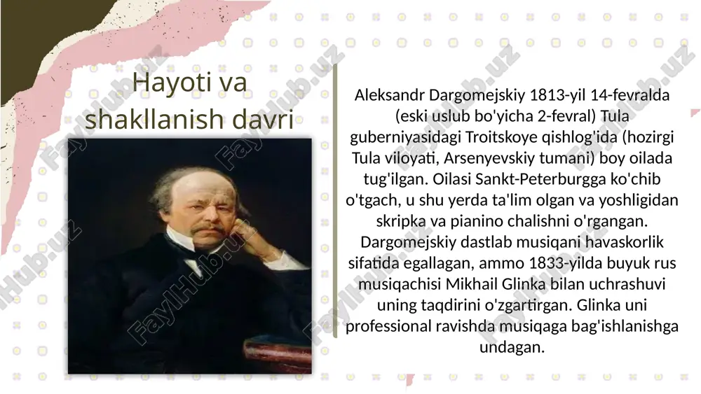-1850-yillar) va "baba-yaga" (trio, folklor asosida). pianino uchun yozgan asarlari (masalan, "bolero") esa texnik va lirik jihatdan qiziqarli. musiqiy uslubi dargomejskiy musiqasida "tabiiy nutq" printsipi ustun: u so'zlarning ritmini va intonatsiyasini musiqaga to'g'ridan-to'g'ri o'tkazgan, bu esa operada melodik rekativni yaratgan. "tosh mehmon"da u butun ton skalasini (whole-tone scale) ishlatgan – bu keyingi zamonaviy musiqaga ta'sir qilgan. uning asarlari romantizm va realizmni birlashtirgan: rus folklori, pushkin she'riyati va yevropa operasi elementlari. belgiyada tan olingan bo'lsa-da, rossiyada dastlabki muvaffaqiyatsizlikdan keyin u milliy maktabning asoschilaridan biri bo'lgan. ta’siri va merosi dargomejskiy glinka merosini davom ettirib, "beshlar" guruhiga (ayniqsa, musorgskiyga) ilhom bergan. uning rekativ usuli keyingroq çaykovskiy va skryabinning operalarida aks etgan. bugungi kunda "rusalka" va "tosh mehmon" rus teatr repertuarining ajralmas qismidir. u rus musiqasini "milliy va zamonaviy" qilishda muhim rol o'ynagan. xulosa aleksandr dargomejskiy – rus musiqasi tarixidagi "ko'prik" shaxs, uning ijodi opera va vokal musiqani yangi bosqichga olib chiqdi. uning asarlari …