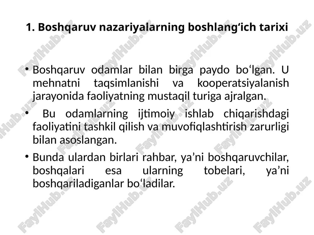 ilini shakllantirgan. yillar o‘tdi, ko‘pgina tashkilotlarni boshqarish aniqroq va murakkabroq, tashkilotlarning o‘zlari esa – kuchliroq va barqarorroq bo‘la boshlaganlar. rim imperiyasi bunga misol bo‘lib xizmat qiladi, u yuz yillar mavjud bo‘lgan. zamonaviy boshqaruvning deyarli barcha shakllari xarakteri va tuzilishini bugungidan katta farq qiluvchi qadimgi tashkilotlarda ko‘rish mumkin. quldorlik davrida ham boshqaruv elementlari mavjud bo‘lgan, ammo mehnatga majbur qilishning asosiy vositalari sifatida to‘g‘ridan to‘g‘ri majbur qilish va jazo bilan qo‘rqitish usullari ustunlik qilganlar. keyinchalik, ijtimoiy ishlab chiqarishni rivojlanishi bilan, bunday mehnat o‘ziga uzviy ravishda xos bo‘lgan samarasizligini ko‘rsatgan. boshqaruvga munosabatni burjua davrida vujudga kelgan yollanma mehnat tizimi almashtirgan. u mehnatni boshqarishda moddiy rag‘batlar va iqtisodiy vositalarni qo‘llovchi majbur qilishning tubdan boshqa, vositali mexanizmidan foydalanishga asoslangan. 250 yil avval g‘arbiy yevropaning bir qator mamlakatlarida vujudga kelgan savdo kapitalizmi butunlay boshqa asosga – pul kapitaliga ega bo‘lgan. mehnatga majbur qilishning to‘g‘ridan to‘g‘ri va qurol shakllari o‘rniga kapitalizmda o‘lchov qiymatlarini almashtirish asosida harakat qiluvchi …