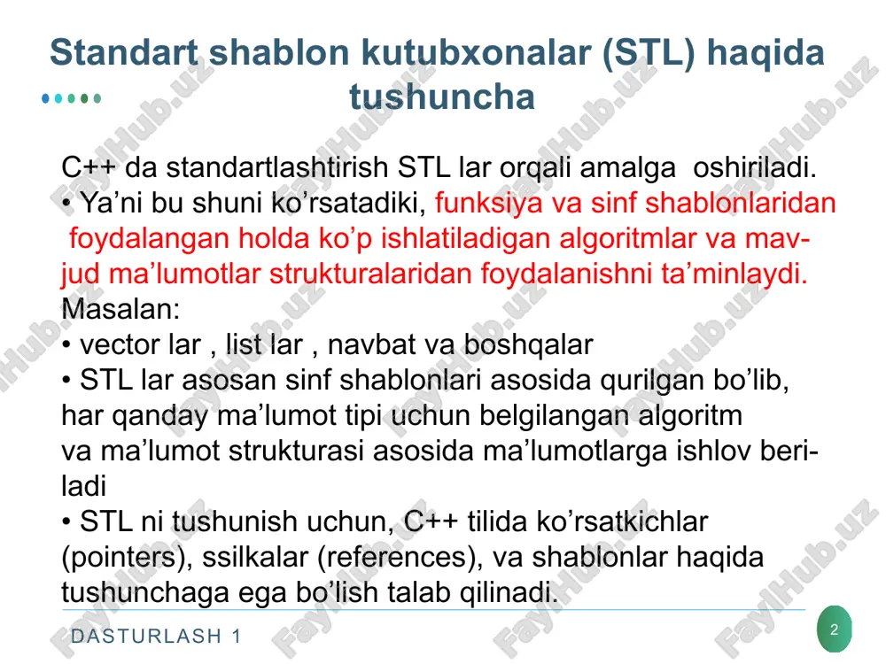 unktsiyalari. dasturlash 1 6 dasturlash 1 standart shablonlar kutubxonasi (stl) algoritm konteyner ob’ektlar iteratorlar kontiner sinflar 8 • kontinerlar – stl obyektlari bo’lib o’zida belgilangan ma’lu- motlarni saqlaydi dasturlash 1 vektorlar (vectors) 9 vektor sinflar dinamik massiv hisoblanadi. • biz bilamizki, c++ da kompilyatsiya (compiletime) jarayo- nida massiv o’lchami o’zgarmas bo’ladi. • demak bu shuni ko’rsatadiki, ba’zida ushbu belgilangan o’lcham massiv uchun yetarli bo’lmaydi va dastur ishlashi (runtime) jarayonida ushbu o’lchamni o’zgartirish iloji bo’l- maydi. • vektorlarda bu muammo yechilgan bo’lib, kerak paytda keraklicha xotiradan dinamik joy ajratish mumkin. • vektor kontinerining umumiy strukturaviy formasi quyida keltirilgan template > class vector • bu yerda, t saqlanadigan ma’lumot tipi va allocator bu xotiradan joy ajratuvchi funksiya shabloni hisoblanadi. dasturlash 1 vektorni e’lon qilish . vektor sinf shabloni-ning ba’zi funksiyalari : 10 • vector iv; // 0 uzunlikdagi int tipida vektor yaratish • vector cv(5); // 5 ta elementli char tipida vektor …