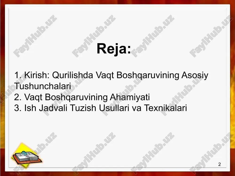 chi, uskunalar) ni asosiy hisobga olib jadval tuzadi. afzalliklari: cheklangan resurslar bilan loyihalarda samarali. misol: ko'p qavatli bino qurilishida kranlardan foydalanishni optimallashtirish gantt diagrammalari loyihani kalendar bo'yicha vizualizatsiya qiladi, vazifalarni chiziqlar bilan ko'rsatadi. afzalliklari: oddiy va tushunarli, bir qarashda loyihani ko'rish mumkin. kamchiliklari: katta loyihalarda murakkablashadi. misol: uy qurilishida, devorlar qurish va elektr simlarini tortishni parallel ko'rsatish. balans chizig'i 9 takrorlanuvchi vazifalar uchun ishlatiladi (masalan, ko'p qavatli binolarda har bir qavat). afzalliklari: resurslarni samarali rejalashtiradi va ishlab chiqarish tezligini nazorat qiladi. misol: magistral yo'l qurilishida. q scheduling – miqdoriy jadvali resurs miqdorlarini vizualizatsiya qiladi. afzalliklari: xarajatlarni vazifalar bilan bog'laydi. misol: savdo binolari qurilishida materiallarni tartibga solish. 10 agile jadvali o'zgarishlarga moslashuvchan, dasturiy ta'minotdan olingan usul. afzalliklari: kutilmagan vaziyatlarda (masalan, ob-havo) tez moslashadi. misol: dizayn o'zgarishlari bo'lgan loyihalarda. 11 qurilishda vaqt boshqaruvida quyidagi muammolar uchraydi - jadval va byudjetni alohida boshqarish (yechim: integratsiyalashgan tizimlar). - kechikishlar (yechim: forensik tahlil – kechikish …