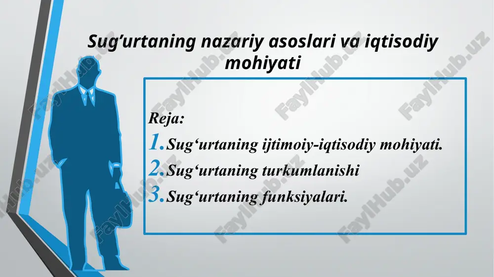 ilish - montaj korxonalari, tovar ishlab chikaruvchilar va boshkalar); kasbiy javobgarligini suturtalash (vrach, yurist, xisobchilar va x.k.) tadbirkorlik sohasida xavf — xatar suturtasi tadbirkorlik tavakkalchiligini sug‘urtalash moliya tavakkalchiligini sug‘urtalash o’zbekiston respublikasi sug’urta bozorida 40 ta sug’urtalovchi tashkilot mavjud: 10 tasi umumiy sug’urta tarmog’ida 8 tasi hayotni sug’urta qilish tamog’ida 18 tasi majburiy sug’urta qilish tamog’ida 4 tasi qayta sug’urta qilish tamog’ida 3. sug‘urtaning funksiyalari. sug‘urta quyidagi funksiyalarni bajaradi: 1.sug‘urta fondini tashkil etish bilan bog‘liq funksiya. 2.sug‘urta fondidan foydalanish bilan bog‘liq funksiya. 3.nazorat funksiyasi. yuqorida qayd etilgan funksiyalar sug‘urta faoliyatida doimiy hisoblanadi va har qanday sharoitda o‘zgarmasdir. sug‘urta faoliyatini amalga oshirish uchun, albatta, sug‘urta tashkilotida etarli miqdorda pul mablag‘lari fondi bo‘lishi lozim. agar, sug‘urtalovchi pul fondini, ya’ni sug‘urta fondini tashkil etmasa, uning moliyaviy ahvoli murakkablashishi mumkin. tashkil etilgan sug‘urta fondining mablag‘lari qat’iy maqsadli xarakterga ega bo‘lib, u faqat sug‘urta hodisalari ro‘y berganda qoplama berish uchun ishlatiladi. sug‘urta fondining mablag‘larini boshqa maqsadlarda …