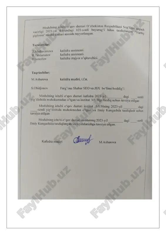 sadi va vazifalari 2.1. modulning maqsadi - bo‘lajak uash shifokorlarini harbiy gigiyena bilimlarning nazariy asoslarini, harbiy gigiyenadagi asosiy tushunchalar va kategoriyalarini, turli qo‘shinlarda xizmat ko‘rsatayotgan harbiy xizmatchilar organizmiga mehnat sharoitlarining o‘ziga xos ta’siri haqidagi tushunchalarni berish, modulga taalluqli bo‘lgan nazariy va amaliy bilimlarni o‘zlashtirilishini ta’minlash va ular ongida harbiy xizmatchilarning jangavorlik xolatining yuqori darajada bo‘lishi va salomatligini ta’minlash tushunchalarini shakllantirish, qonunlar va tamoyillarini o‘rgatish hamda ularni amalda tatbiq etish ko‘nikmasini xosil qilishni o‘rgatish. 3 2. 2. modulning vazifalari: · harbiy gigiyena moduli, maqsadi va vazifalari haqida tushuncha berish; · talabalarning nazariy ma’lumotidan boshlang‘ich amaliy ko‘nikmalarni bajarish darajasiga qadamma-qadam o‘rgatish; · zamonaviy pedagogik texnologiyalarni dars jarayoniga tadbiq etib, mantiqiy fikrlash va bilimini saqlash darajasini oshirish; · zamonaviy tekshirish usullari haqida tushuncha berish; · harbiy gigiyena soxasidagi zamonaviy tekshirish usullarini o‘rgatish; · harbiy xizmatchilarning sanitar-gigienik ta’minoti, kuch va vositalari to‘g‘ri sida tushuncha berish; · tinchlik va harbiy vaziyatlarda gigienik tadbirlarni tashkil qilish …
