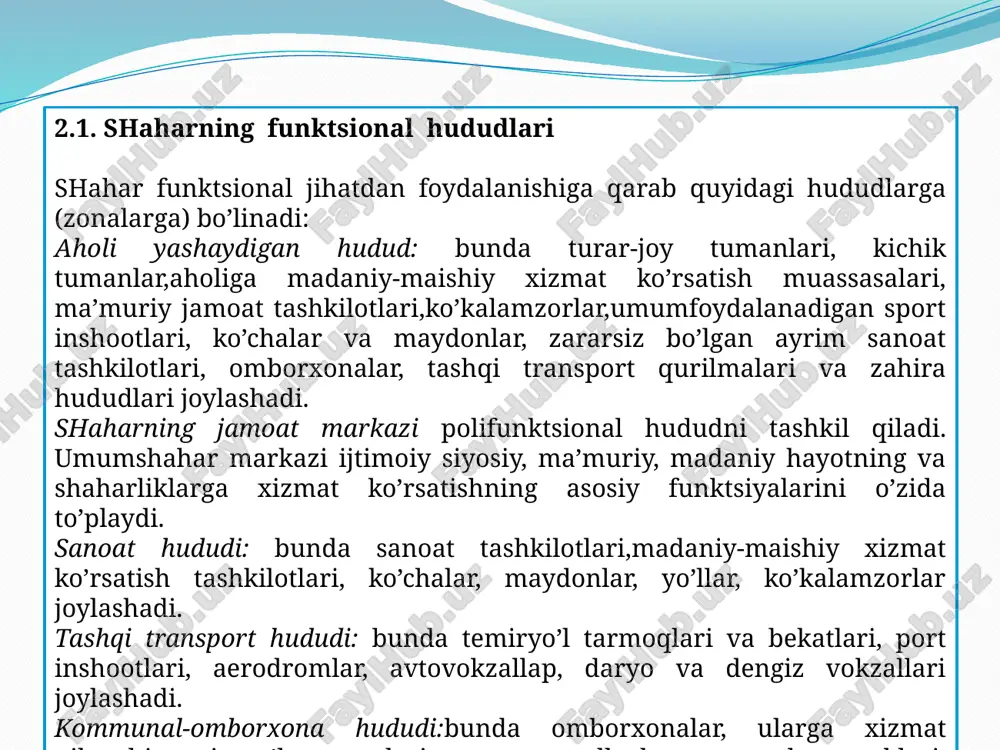 alamzorlar hududi: sog’lom shahar muhitini yaratish uchun, ko’kalamzor hududlar shaharning barcha hududlarini qamrab olishi va judayam kichik bo’lmasligi kerak. faqat shaharning o’zigina emas, balki uning alohida funktsional hududlari ham rivojlana olishi lozim. muhimi, ular bir-birining makoniy rivojlanishiga halaqit bermasligi va zich o’sib ketmasligi lozim. alohida funktsional hududlar orasida qulay aloqalar yaratish muhimdir. masalan, sanoat hududi aholi yashaydigan hudud bilan, kommunal-ombor hududi tashqi transport bilan qulay aloqalarga ega bo’lishi lozim. katta yuk aylanishi bo’lgan sanoat hududi temir yo’llar bilan qulay aloqaga ega bo’lishi kerak. tashqi transport qismi hududi turar-joy tumanlarini vokzallar, portlar va boshqalar bilan aloqasini temir yo’llar bilan aholi yashash hududini oshiqcha kesmasdan ta’minlashi kerak. yangi shahar loyihalanishi sxemasi yangi shahar loyihalanishi sxemasi 2.2. aholi yashaydigan hudud aholi yashaydigan hudud, qoida bo’yicha, shamol yo’nalishi tomondan qaraganda sanoat hududidan oldin, daryo oqimining yuqorisida, suv havzalari, ko’kalamzorlar yaqinida joylashadi. shaharning aholi yashaydigan hududini tashkil etishda unda turar-joy qurilmalarini, madaniy-maishiy xizmat ko’rsatish muassasalarini, …