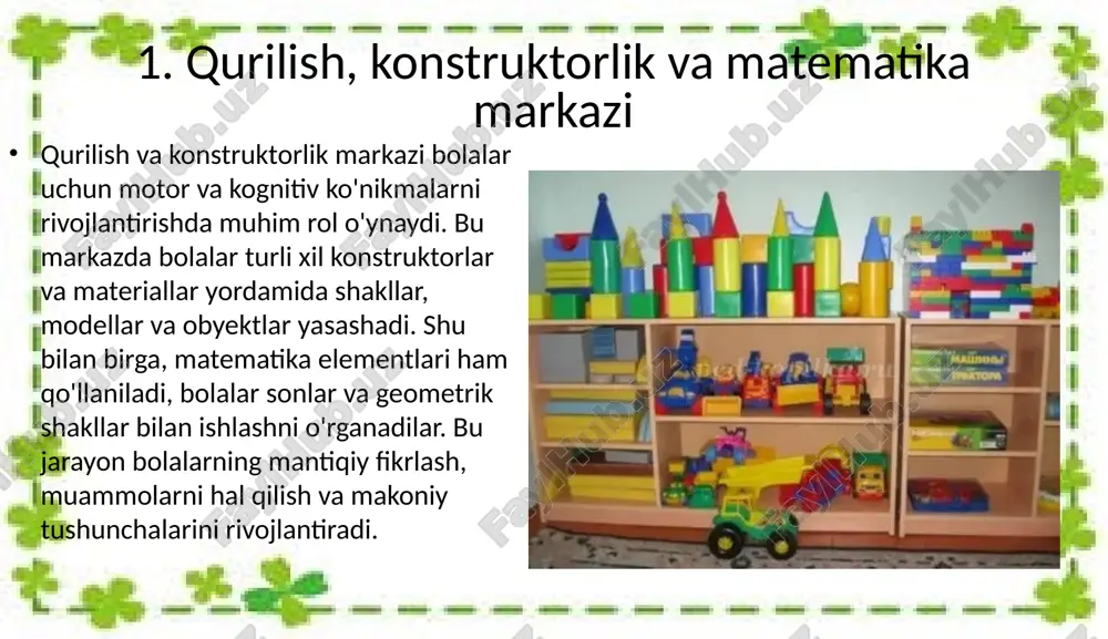 . bu markaz, shuningdek, bolalarda fan va ilmga bo'lgan qiziqishni oshirishga yordam beradi. 5. san’at markazi san'at markazi bolalarning estetik rivojlanishiga hissa qo'shadi. bu markazda bolalar rassomlik, haykaltaroshlik, musiqa va raqs kabi san'at turlari bilan tanishadilar. bolalar ijodiy faoliyatda ishtirok etish orqali o'z hissiyotlarini ifodalashni, estetik qadr-qarashlarni rivojlantirishni o'rganadilar. san'at markazi bolalar uchun o'zlarining tasavvur va ijodiy imkoniyatlarini kengaytiradigan muhim joydir. image2.jpeg image3.jpeg image4.jpeg image5.jpeg image6.jpeg image1.jpg /docprops/thumbnail.jpeg
