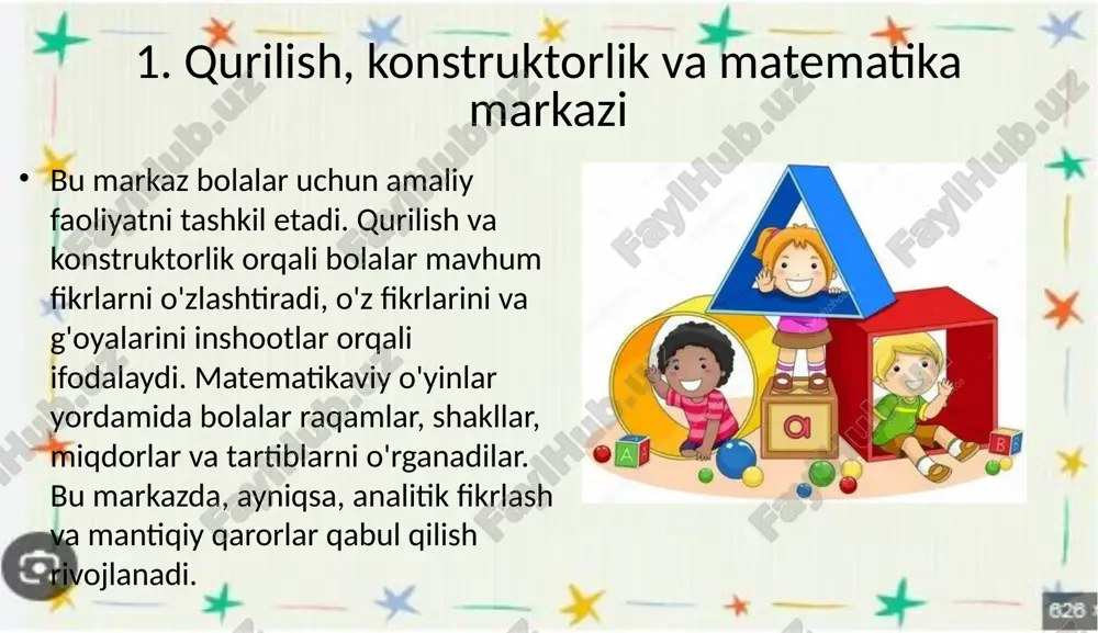 y va teatr san'ati bilan tanishadilar. ular ranglar, shakllar, tovushlar va ritmni o'zlarining ijodiy ishlari orqali o'rganadilar. san'at markazi bolalarning tasavvurini kengaytiradi va ularni o'z his-tuyg'ularini san'at orqali ifodalashga o'rgatadi. image2.jpeg image3.jpeg image4.jpeg image5.jpeg image6.jpeg image1.jpg /docprops/thumbnail.jpeg