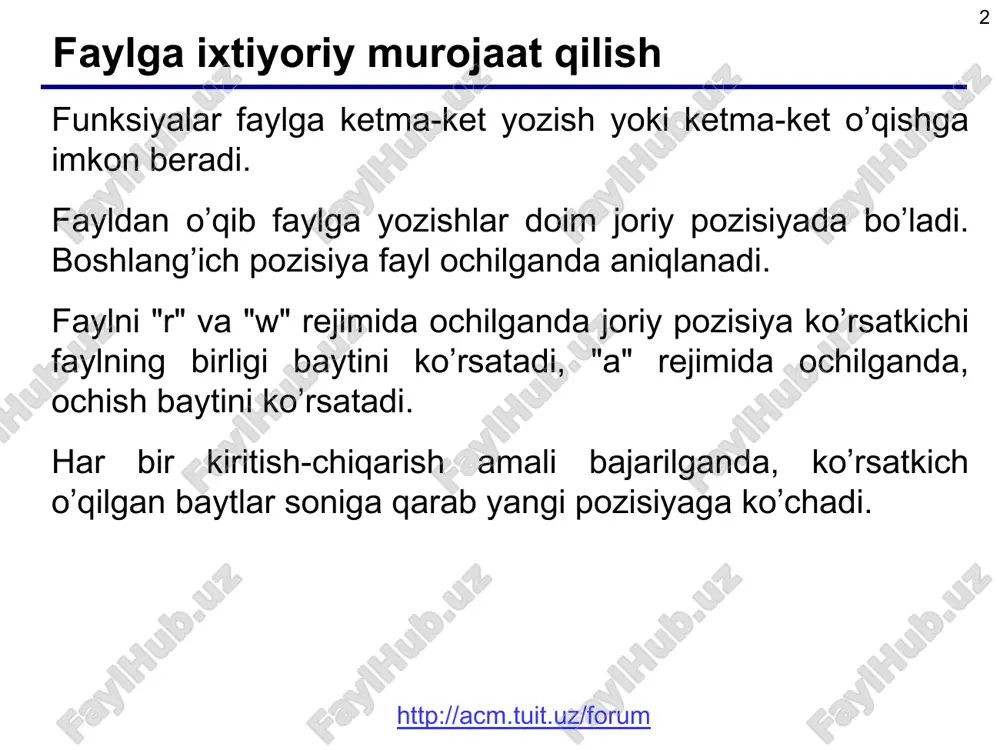 utput.txt","w"); if ((fp = fopen("input.txt","r")) == null) { fprintf (wp, "%s", "faylni ochib bo'lmadi\n"); getch(); return 0; } * * ma’lumotlarni massivga yozish fayldan simvollar avval to’g’ri tartibda, so’ngra teskari tartibda o’qish (davomi) http://acm.tuit.uz/forum while(!feof(fp)) { ch = getch(fp); putchar(ch); putchar('\n'); last++; } for (count = 1l; count >n; for (i = 0; i >k; fwrite(&k, sizeof(k), 1, f); } //fayl ko'rsatkichni satr boshiga qo'yish rewind(f); * * misol (davomi) while (!feof(f)) // fayl oxiriga bormadimi { fread(&k, sizeof(k), 1, f); if (k % 2 ==0) { k *= 2; // fayl ko'rsatkichni sizeof(int) bayt chapga surish fseek(f, -sizeof(int), seek_cur); fwrite(&k, sizeof(int), 1, f); // fayl korsatkichni o'rnatish fseek(f, ftell(f), seek_set); } } cout fayllarni qayta ishlashni to’liq sikli while ( 1 ) { p = fgets ( s, 80, fin ); if ( p == null ) break; while ( 1 ) { p = strstr ( s, ", …