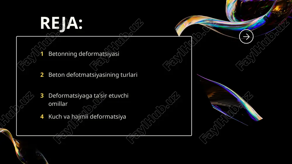 deformatsiyaga olib keladi. deformatsiyaga ta'sir etuvchi omillar atrof-muhit sharoitlari: namlikning o'zgarishi (qisqarish va shishish) va haroratning o'zgarishi (termik kengayish va qisqarish) asosiy omillardir. betonning mustahkamligi: kuchliroq beton konstruktsiya odatda qisqarish yoki shishishga olib keladigan kuchlarga nisbatan kamroq javob beradi. tarkibiy materiallar: amaldagi agregatning turi va betonning umumiy tarkibi uning deformatsiya xususiyatlariga ta'sir qiladi. beton elementlarining hajmi va vaqti beton elementlarning o'lchamlari va ularning yoshi vaqt o'tishi bilan qanday deformatsiyalanishiga ta'sir qilishi mumkin. betonga tashqi omillar (harorat, kuchlar va boshqalar) ta'sirida kuch va hajmli deformatsiyalar farqlanadi. betonning asosiy deformatsiya xususiyatlari: - eksenel siqilish va taranglik (ya'ni, betonning bir xil kuchlanish holatida) ta'sirida betonning yakuniy nisbiy deformatsiyalari - elastiklikning boshlang'ich moduli - deformatsiyaning boshlang'ich moduli - sudralma koeffitsienti (xarakteristikasi) - betonning ko'ndalang deformatsiya koeffitsienti (puasson nisbati) ; - betonning chiziqli temperaturali deformatsiya koeffitsienti ; kuch va hajmli deformatsiya betonning deformatsiyasida sekinlik bilan deformatsiyalanish hodisasi (compression, tension, bending va boshqalar) kuchlanish holatining tabiatiga …