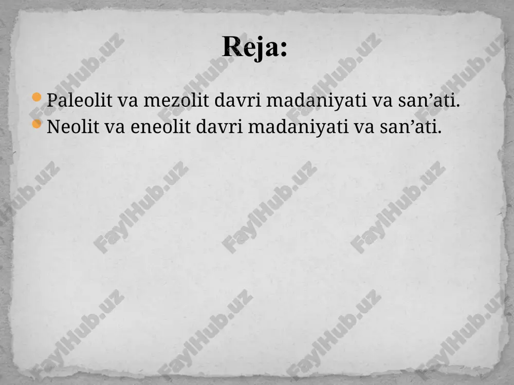 an. paleolit va mezolit davri yodgorliklari ilk paleolit davri tosh qurollari davr yodgorliklar qurollar so‘nggi paleolit bo‘zsuv uchbuloq samarqand makoni nayzasimon qurollar sixchalar, tosh parrakcha, qirg‘ichlar, teshgichlar o‘rta paleolit obirahmat xo‘jakent ko‘lbuloq teshiktosh qo‘tirbuloq omonqo‘ton uchtut tosh qirg‘ich, tosh parrakcha, nayzasimon tosh uchi, nukleus, o‘tkir uchli cho‘qmorlar, qo‘l chopqichlari, kurakchalar ilk paleolit qoratangir bo‘riqazigan tanirqazigan qizqala seleng‘ur on-archa qo‘l cho‘qmorlari, toshqirg‘ich, tosh parchalari, chopper- daryo toshlaridan ishlangan qurollar o‘rta osiyoda paleolit davr yodgorliklari va qurollarning rivojlanishi o‘rta paleolit davri tosh qurollari so‘nggi paleolit davri uy-joylari. tiklangan. mezolit davri. tosh asrining keyingi rivojlanish bosqichi fanda mezolit (o‘rta tosh) davri o‘rta osiyoda nisbiy tarzda mil. avv. 12–7 mingyilliklar bilan belgilangan. mezolit – odamlarning yer yuzi bo‘ylab keng tarqalish davri bo‘lib, ular dengiz, qo‘llar va daryo bo‘ylari hamda tog‘li hududlarda yoyilganlar. kaspiy bo‘ylaridan tyanshan – pomirgacha, markaziy qozog‘istondan kopetdog‘ etaklarigacha bo‘lgan hududlardan mezolit davri yodgorliklarining namunalari topib o‘rganilgan. machay (surxondaryo), obishir (farg‘ona vodiysi), …