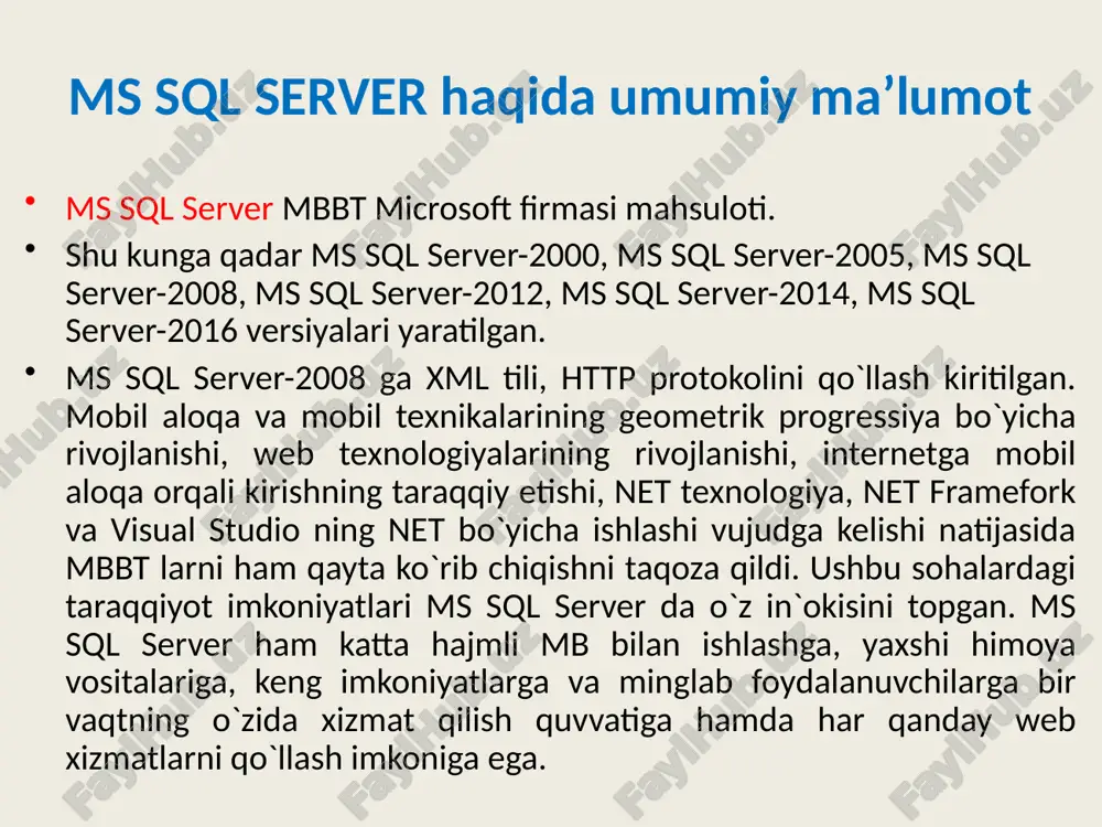 orida ms sql server oracle bilan raqobatlasha oladigan mbbt hisoblanadi. ammo, shu soha mutaxassislarining fikriga ko`ra ms sql server da himoyalanish darajasi oracle ga nisbatan bir oz bo`shroq hisoblanadi. ms sql server muhiti administratori ish jarayoni oracle ga nisbatan bir oz soddaroq. bu uning katta yutug`i hisoblanadi. ms sql server dasturchilar uchun qulay muhitni tashkil qilib beradi va unda web xizmatlarga muvofiq ma`lumotlar bilan ishlash imkoniyatlari mavjud. yangi ma'lumotlar bazasini yaratish yangi ma'lumotlar bazasini yaratish uchun databases papkasiga sichqoncha ko'rsatkichini keltirib bosamiz va ro'yxatdan new database ni tanlaymiz. hosil bo'lgan muloqot oynasiga yangi ma'lumotlar bazasi nomini kiritamiz.sukut bo'yicha sql server bitta ma'lumotlar faylini va bitta jurnal faylini yaratadi. agar xoxlasak bir nechta ma'lumotlar faylini va jurnal faylini yaratishimish mumkin. ma'lumotlar bazasini yaratib bo'lgandan so'ng databases papakasini ochib o'zimiz yaratgan bazani ko'rishimiz mumkin. endi yangi jadval yaratishga kirishamiz. buning uchun tables bilgisiga ko'rsatkichni keltirib bosamiz. o'ng tomondagi panelda biz yaratadigan jadvallar …