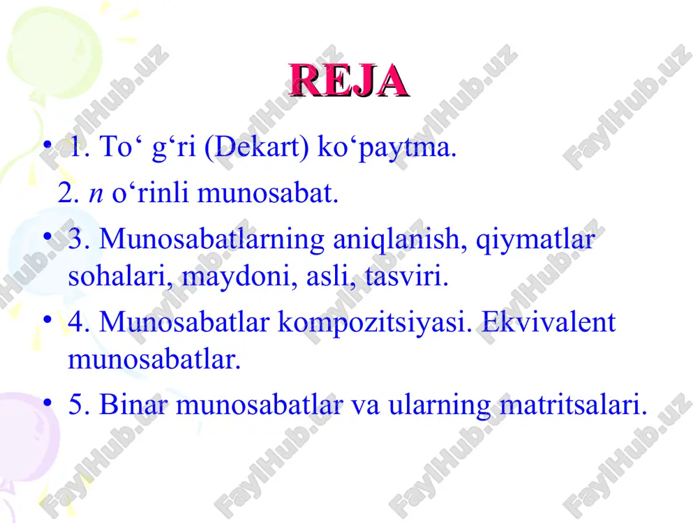 n, u holda } 2 , 3 , 1 , 3 , 2 , 2 , 1 , 2 , 2 , 1 , 1 , 1 {               v a munosabat } 2 , 3 , 1 , 1 {      r ko ‘ rinishda bo ‘ lsin, bu munosabatga turlicha mazmun b e rish mumkin. ma salan 1) r ning el e m e ntlari biror bir egri chiziq oxirlari d e yishimiz mumkin. 2) r munosabat bilan aniqlangan nuqtalar qizil rang bilan bo ‘ yalgan. y r x : x va y qizil nuqtalar koordinatalari. turli tabiatli ob ’ yktlar o ’ zaro munosabat ga kirishishlari mumkin. misol 2. a – to ‘ plam el e m e ntlari kitob nashriyotlari nomlari bo ‘ lsin. b - to ‘ plam …