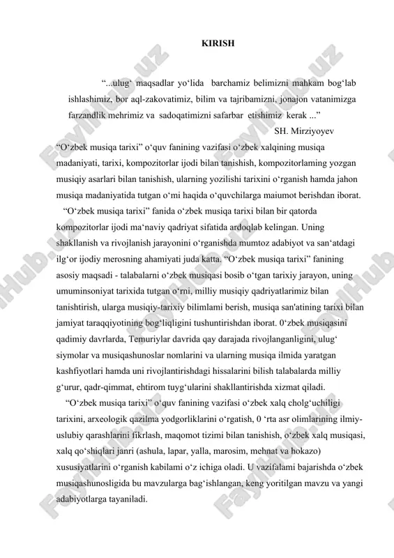 lan tanishish, o‘zbek xalq musiqasi, xalq qo‘shiqlari janri (ashula, lapar, yalla, marosim, mehnat va hokazo) xususiyatlarini o‘rganish kabilami o‘z ichiga oladi. u vazifalami bajarishda o‘zbek musiqashunosligida bu mavzularga bag‘ishlangan, keng yoritilgan mavzu va yangi adabiyotlarga tayaniladi. “o‘zbek musiqa tarixi” fani ilk cholg‘u asboblari paydo bo‘lgandan boshlab to xx asrgacha ularning turlari, ijro uslubi, shakllanishi va evolyutsion o‘zgarib turishini bosqichma-bosqich kuzatib boradi. ular haqidagi ma‘lumotlar yozma manbalar va arxeologik qazilma yodgorliklari asosida beriladi. bunda o‘zbek va fors adabiyotida muhim ahamiyat kasb etgan kitob miniatyuralari ham o‘rin olgan. “0 ‘zbek musiqa tarixi” fanini o‘rganish talabalar oldida turgan asosiy maqsadlardan biridir. san’atning eng muhim va keng xalq ommasiga kirib boruvchi turlaridan biri musiqa san’atidir. unda badiiy mazmun tovushlar ohang) orqali bayon etiladi va musiqaning o’ziga xos ifoda vositalarini o’zaro bog’lovchi muayyan qoidalarga asoslanadi. mazkur qoida va an’analar xalq (fol’klor) hamda mumtoz musiqasining (maqomlar va maqom yo’lidagi kuy va ashulalar) asrlar davomida vujudga kelgan …