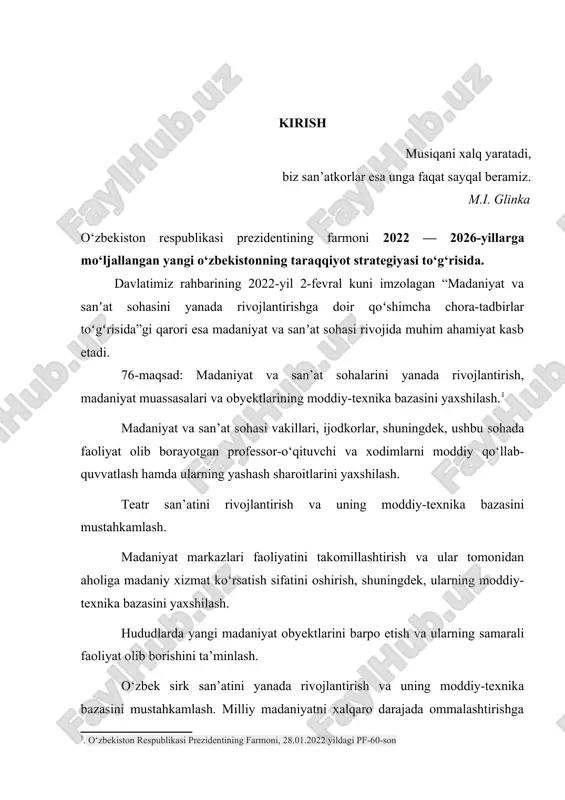sa qo‘shgan atoqli ijodkor ziyolilar yubileylarini munosib nishonlash, hayoti va faoliyatini keng targ‘ib qilish, xotirasini abadiylashtirish. respublika hududida joylashgan madaniy meros obyektlarini saqlash, restavratsiya va konservatsiya qilish bilan bog‘liq kompleks tadbirlarni amalga oshirish. aholi, ayniqsa, olis hududlarda istiqomat qiladigan fuqarolarga madaniy dam olish xizmatlari ko‘rsatish darajasini oshirish, respublikaning barcha hududlarida teatr, sirk va boshqa turdagi ommaviy-madaniy va konsert-tomosha tadbirlarini tizimli ravishda yo‘lga qo‘yish, madaniyat va san’at sohasida iste’dodli yosh ijodkorlarni izlab topish va qo‘llab-quvvatlash, ta’lim muassasalarini milliy cholg‘ular, musiqa darsliklari, notalar to‘plamlari va o‘quv-metodik adabiyotlar bilan ta’minlashning yaxlit tizimini yaratish maqsadida, shuningdek, 2022 — 2026-yillarga mo‘ljallangan yangi o‘zbekistonning taraqqiyot strategiyasini “inson qadrini ulug‘lash va faol mahalla yili”da amalga oshirishga oid davlat dasturiga muvofiq: 1. 2022/2023 o‘quv yilidan boshlab ta’lim muassasalarida o‘quvchi va talabalarning musiqiy bilim va ko‘nikmalarini oshirish, ularning qalbida milliy madaniyatga bo‘lgan muhabbatni shakllantirish, yosh iste’dodlarni aniqlash va qo‘llab-quvvatlashga qaratilgan quyidagi chora-tadbirlar amalga oshirilishi belgilansin: a) umumiy o‘rta ta’lim …