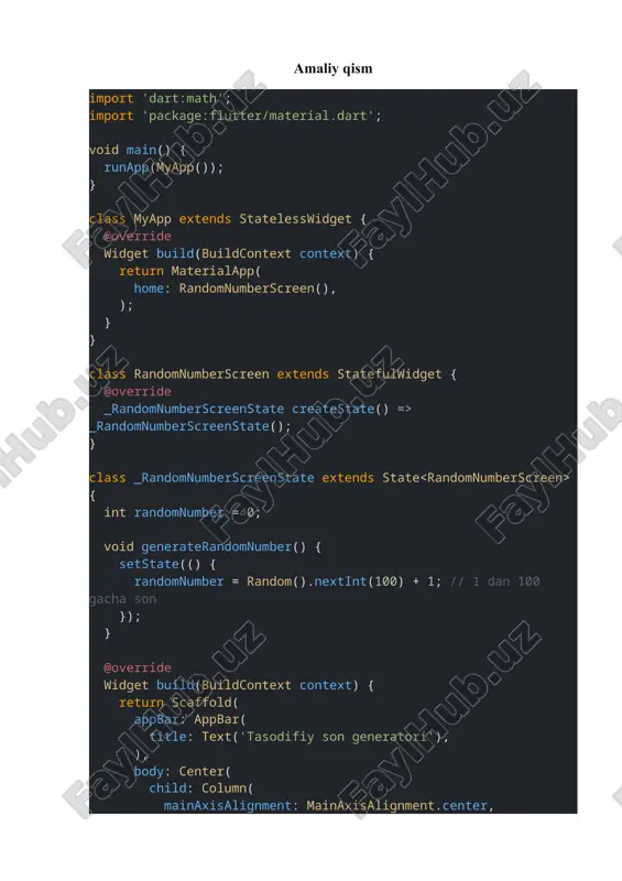 createstate() => _randomnumberscreenstate(); } class _randomnumberscreenstate extends state { int randomnumber = 0; void generaterandomnumber() { setstate(() { randomnumber = random().nextint(100) + 1; // 1 dan 100 gacha son }); } @override widget build(buildcontext context) { return scaffold( appbar: appbar( title: text('tasodifiy son generatori'), ), body: center( child: column( mainaxisalignment: mainaxisalignment.center, children: [ text( 'tasodifiy son:', style: textstyle(fontsize: 24), ), sizedbox(height: 10), text( '$randomnumber', style: textstyle(fontsize: 48, fontweight: fontweight.bold), ), sizedbox(height: 20), elevatedbutton( onpressed: generaterandomnumber, child: text('generate'), ), ], ), ), ); } } image1.png