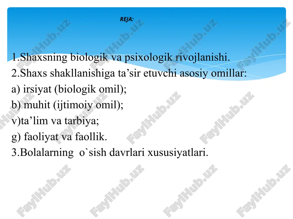 g fiziologik va intellektual o‘sishida namoyon bo‘ladigan miqdor va sifat o‘zgarishlar mohiyatini ifoda etuvchi murakkab jarayondir. rivojlanish mohiyatan oddiydan murakkabga, quyidan yuqoriga, eski sifatlardan yangi holatlarga o‘tish, yangilanish, yangining paydo bo‘lishi, eskining yo‘qolib borishi, miqdor o‘zgarishining sifat o‘zgarishiga o‘tishini ifodalaydi. rivojlanishining manbai qarama-qarashliklarni o‘rtasidagi kurashdan iboratdir. bola shaxsining rivojlanishi inson ijtimoiy mavjudotdir degan falsafiy ta’limotga asoslanadi. ayni vaqtda inson tirik, biologik mavjudot hamdir. demak, uning rivojlanishida tabiat rivojlanishining qonuniyatlari ham muhim ahamiyatga ega. shuningdek, shaxs bir butun mavjudot sifatida baholanar ekan, uning rivojlanishiga biologik va ijtimoiy qonuniyatlar birgalikda ta’sir etadi, ularni bir-biridan ajratib bo’lmaydi. shaxs shakllanishiga ta’sir etuvchi asosiy omillar biologik omil ijtimoiy omil ta’lim-tarbiya faoliyat bir guruh horijiy olimlar rivojlanishni biologik (nasliy) omilga bog‘laydilar. zamonaviy pedagogikada shaxs shakllanishiga doir to’rt yondashuv qaror topgan: 1. biologik yondashuv – inson tabiiy mavjudot bo’lib, uning butun xatti-harakatlari tug’ma instinkt va ehtiyojlar natijasidir. inson jamiyat talablariga bo’ysunishga majbur, shu bilan birga tabiiy ehtiyojlarini …