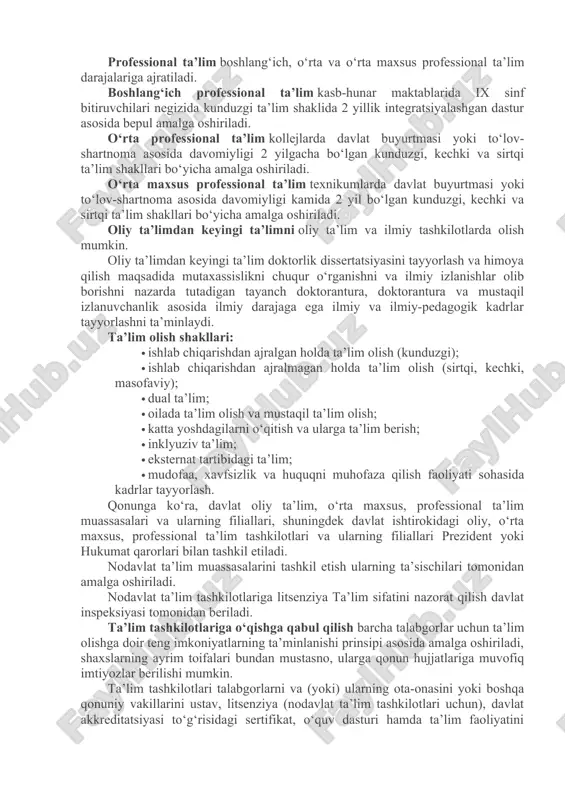 ga oshiriladi. oliy ta’limdan keyingi ta’limni oliy ta’lim va ilmiy tashkilotlarda olish mumkin. oliy ta’limdan keyingi ta’lim doktorlik dissertatsiyasini tayyorlash va himoya qilish maqsadida mutaxassislikni chuqur o‘rganishni va ilmiy izlanishlar olib borishni nazarda tutadigan tayanch doktorantura, doktorantura va mustaqil izlanuvchanlik asosida ilmiy darajaga ega ilmiy va ilmiy-pedagogik kadrlar tayyorlashni ta’minlaydi. ta’lim olish shakllari: · ishlab chiqarishdan ajralgan holda ta’lim olish (kunduzgi); · ishlab chiqarishdan ajralmagan holda ta’lim olish (sirtqi, kechki, masofaviy); · dual ta’lim; · oilada ta’lim olish va mustaqil ta’lim olish; · katta yoshdagilarni o‘qitish va ularga ta’lim berish; · inklyuziv ta’lim; · eksternat tartibidagi ta’lim; · mudofaa, xavfsizlik va huquqni muhofaza qilish faoliyati sohasida kadrlar tayyorlash. qonunga ko‘ra, davlat oliy ta’lim, o‘rta maxsus, professional ta’lim muassasalari va ularning filiallari, shuningdek davlat ishtirokidagi oliy, o‘rta maxsus, professional ta’lim tashkilotlari va ularning filiallari prezident yoki hukumat qarorlari bilan tashkil etiladi. nodavlat ta’lim muassasalarini tashkil etish ularning ta’sischilari tomonidan amalga oshiriladi. …