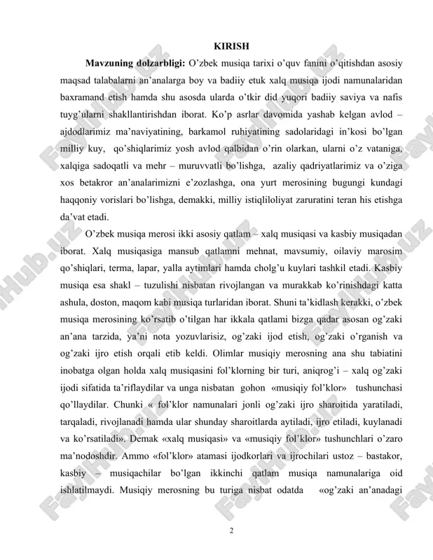 musiqasini fol’klorning bir turi, aniqrog’i – xalq og’zaki ijodi sifatida ta’riflaydilar va unga nisbatan gohon «musiqiy fol’klor» tushunchasi qo’llaydilar. chunki « fol’klor namunalari jonli og’zaki ijro sharoitida yaratiladi, tarqaladi, rivojlanadi hamda ular shunday sharoitlarda aytiladi, ijro etiladi, kuylanadi va ko’rsatiladi». demak «xalq musiqasi» va «musiqiy fol’klor» tushunchlari o’zaro ma’nodoshdir. ammo «fol’klor» atamasi ijodkorlari va ijrochilari ustoz – bastakor, kasbiy – musiqachilar bo’lgan ikkinchi qatlam musiqa namunalariga oid ishlatilmaydi. musiqiy merosning bu turiga nisbat odatda «og’zaki an’anadagi professional musiqa» iborasi qo’llanib turiladi. biz esa bu o’rinda qisqa va qulayroq bo’lgan «kasbiy musiqa» yoki «ustozona musiqa» iborasini qo’llaymiz. kurs ishining maqsadi: o’zbek musiqa merosining ikki qatlamga ajralishi pirovardida har ikkala sohani o’rganuvchi turli fan tarmoqlari yuzaga kelganbo’lib, ularning aksariyati musiqiy fol’klorni tadqiq etishni o’z oldiga maqsad qilib qo’ygan. chunonchi, fol’klorshunoslik fani xalq musiqasi namunalarini filologik nuqtai nazaridan ilmiy tadqiq etsa, etnografiya ilmi ularga mahalliy rasm – rusm va an’anaviy urf – odatlar …