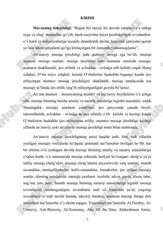 rab, fors, turk tillarida yozilgan musiqiy risolalarda ko’pgina qimmatli ma’lumotlar berilgan bo’lib, har bir alloma o’zi yashagan davrda musiqa ilmining amaliy va nazariy masalalariga e’tabor berib, o’z zamonasida musiqa sohasida faoliyat ko’rsatgan- cholg’u ya’ni milliy musiqa cholg’ulari, musiqa cholg’ularini tayyorlovchi xalq ustalari, mutrib sozandalar, musiqashunoslar, hofiz-xonandalar, bastakorlar, ijro etilgan musiqiy asarlar, ularning nomlanishi, musiqiy asarlarni tuzilishi, advor, parda, alxon, lahn, nag’ma, jins, jam’, hamda musiqa ilmining nazariy masalalariga tegishli musiqa tovushlarini nomlanganligini, tovushlarni turli xil harakatda ya’ni, yuqorigi tovushlarni to’xtab turishi hamda, takroriy harakat, umuman musiqa ilmiga doir sermahsul ma’lumotlar o’z aksini topgan. yuqoridagi ma’lumotlar al-farobiy, al-urmaviy, ash-sheroziy, al-xorazmiy, abu ali ibn sino, abdurahmon jomiy, alisher navoiy, marog’iy, husayniy kavkabiy, darvesh ali changiy, buxoroiy, komil xorazmiy, abdurauf fitrat va boshqalarning musiqiy asarlarida o’z aksini topgan. o’zbekiston hududida turli xil ijro uslubiga xos an’anaviy ijro musiqiy asarlar bo’lib, ular turli xil nomlar bilan ya’ni, xalq musiqa ijodiyoti, mumtoz musiqa ijrochiligini turli …