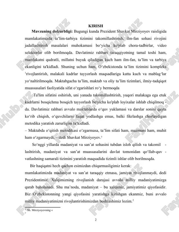 omil -lashtirish, madaniyat va san’at muassasalarini davlat tomonidan qo‘llab-quv - vatlashning samarali tizimini yaratish maqsadida tizimli ishlar olib borilmoqda. bir haqiqatni hech qachon esimizdan chiqarmasligimiz kerak: mamlakatimizda madaniyat va san’at taraqqiy etmasa, jamiyat rivojlanmaydi, dedi prezidentimiz. xalqimizning rivojlanish darajasi avvalo milliy madaniyatimizga qarab baholanadi. shu ma’noda, madaniyat – bu xalqimiz, jamiyatimiz qiyofasidir. biz o‘zbekistonning yangi qiyofasini yaratishga kirishgan ekanmiz, buni avvalo milliy madaniyatimizni rivojlantirishimizdan boshlashimiz lozim.[footnoteref:2] [2: ] yuqorida taʼkidlangan masalalr sabab yurtimiz maktablaridagi musiqa fanida xam koʻplab o'zgarishlar ruy berdi. jumladan: - musiqa darsliklari o'zbek milliy musiqalari asosida qaytatdan 7-yillik tizimda chop etilib o'zimizning madaniy merosimiz boʻyicha ozgartirildi. - maktab bitiruvchilarining attestat varaqalariga qanday soz chalishni bilishi grafalari qo'shildi. bundan koʻrinib turibdiki musiqa madaniyati o'qituvchilariga xam yuqori darajadagi talab va vazifalar yuklatildi. ularga zamonaviy texnologiyalardan unumli foydalana olish, jahon ta'lim standartlariga qolaversa dts talablariga mos ravishda usul va uslublardan foydalana bilish, o'quvchilarga milliylik ruhini mumtoz musiqalar, musiqa darslari orqali …