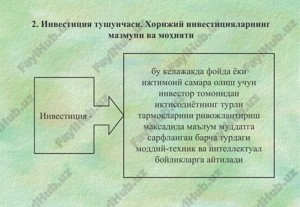 lashtirish manbalari va usullari investitsiya faoliyatini moliyalashtirish usullariga quyidagilar kiradi: 1. byudjet usuli. 2. kredit yoki lizing usuli. 3. o'z-o'zini moliyalash usuli. 4. aralash usul. 4. o'zbekistonda investitsiya muhiti va unga ta'sir etuvchi omillar investitsion muhit investitsion faoliyatni amalga oshirishning maqsadga muvofiqligi va jozibadorligini aniqlaydigan iqtisodiy, ijtimoiy, tashkiliy, huquqiy, siyosiy va boshqa shart-sharoitlarning yig'indisiga aytiladi har qanday davlatga investitsiyalarning kirib kelishiga ta'sir etuvchi omillar quyidagilardan iborat: - siyosiy va iqtisodiy barqarorlik; - bozor hajmi va uning kengayish istiqbollari; - mahsulot qiymati; - ish kuchi masalasi; - mamlakatdagi qonunchilik. davlatning xorijiy investitsiyalarga bo'lgan siyosiy munosabati, davlatning iqtisodiyotga aralashuv darajasi, davlatning siyosiy barqarorligi va boshqalar investitsion muhitga ta'sir etuvchi omillar siyosiy ijtimoiy iqtisodiy iqtisodiyotning umumiy holati, inflyatsiya darajasi, valyuta kursining barqarorligi, solik va bojxona imtiyozlari, ishchi kuchlarining qiymati, kredit bahosi va boshqalar jamiyat a'zolarining xorijiy kapital va xususiy mulkchilikni shakllanishiga munosabati, aholining bilim darajasi, ishchi kuchlarining tashkilotchilik qobiliyati, urf-odat, an'analar va boshqalar …