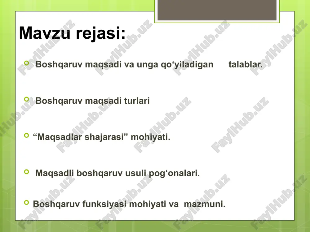 mobaynida amalga oshiriladigan maqsadlar tushuniladi. masalan, respublikamizda ishlab chiqilgan “kadrlarni tayyorlash milliy dasturi”uch bosqichdagi muddatni o‘z ichiga oladi. (1997-2001yy.),(2001-2005yy.),(2005 yil va undan keyingi yillar). maqsadlar shajarasi maqsadlar bilan ularga erishish vositalari o’rtasidagi aloqaning grafik tasviridir. u bo’lajak voqealar o’zaro aloqasining tqla manzarasini tasavvur qilish, konkret vazifalar ro’yxatini olish va ularning nisbatan muhimligi to’g’risidagi axboratga ega bo’lishi imkonini beradi. “maqsadlar shajarasi” ierarxiyalar(pog’ona) ko’rinishidagi bir necha darajalardan: bosh maqsad i darajali kichik (asosiy) maqsadlar ii darajali kichik maqsadlar va hokazolardan tashkil topadi bosh maqsadga (bm) erishishning aniq yo‘nalishlari belgilab olindi va qo‘yidagi to‘rt guruhdagi birinchi darajali maqsadlar ajratildi: 1. ijtimoiy-siyosiy sohadagi maqsadlar; 2. ijtimoiy-iqtisodiy sohadagi maqsadlar; 3. ma’naviyat sohasidagi maqsadlar; 4. xalqaro munosabatlar sohasidagi maqsadlar; ijtimoiy-siyosiy sohadagi maqsadlar, quyidagi ikkinchi darajali maqsadlarga bo‘linadi: 1.1. ma’muriy-buyruqbozlik, avtoritar tuzum mexanizmi va tuzilmalaridan qutilish; 1.2. davlat qurilishining demokratik-huquqiy tamoyil va me’yorlariga o‘tish; 1.3. fuqarolik jamiyatiga o‘tishning poydevorini qurish va boshqa. bosh maqsad 1991-yilning 31-avgustida o’zbekiston …
