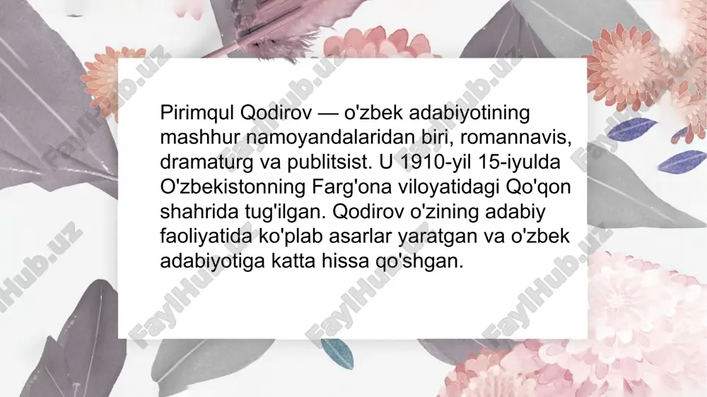 zbekiston xalq yozuvchisi” sharafli unvoni bilan taqdirlanadi. p. qodirovning o‘smirlik yillari shafqatsiz urush yillariga to‘g‘ri keladi. o‘qishi sakkizinchi sinfdan to‘xtatiladi va frontga ketgan kattalar o‘rniga p. qodirov ona qishlog‘idagi kolxozda haydovchi, o‘roqchi, podachi bo‘lib ishlaydi. urush tugaganidan so‘nggina u o‘qishini toshkentdagi tayyorlov bo‘limida davom ettira oladi, keyin esa toshduning sharqshunoslik fakultetida tahsil oladi. p. qodirovning birinchi kitobi “talabalar” 1950 yil talabalik kezlari chop etilgan. yosh nasrnafisning iqtidori ziyrak yozuvchi abdulla qodiriy e’tiborini tortadi. u qodirovning ustoziga aylanadi va moskvaga o‘qishga borishni taklif qiladi. o‘zbekiston yozuvchilar uyushmasi tavsiyanomasi bilan, 1951 yil p. qodirov gorkiy nomidagi adabiyot institutining aspiranturasiga o‘qishga topshiradi va dissertatsiyasini muvaffaqiyatli himoya qiladi. so‘ngra, to‘qqiz yil davomida u sssr yozuvchilar uyushmasida o‘zbek adabiyoti maslahatchisi bo‘lib ishlaydi. moskvada o‘tgan o‘n ikki yillik umri uni ma’nan boyitdi. bu yerda u xx asr sovet ittifoqi kommunistik partiyasining chaqiriqlari bilan bog‘liq katta o‘zgarishlari sabab, faol fuqarolik faoliyatiga shaylangan yosh ziyolilarning yangi avlodi haqidagi …